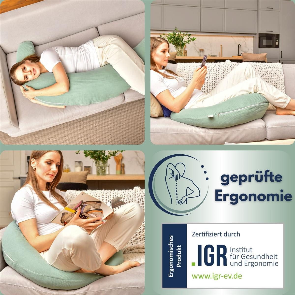 SEI Design Stillkissen Seitenschläferkissen Babynestchen mit EPS Mikroperlen, Schwangerschaftskissen mit Bezug, Schwangerschaftskissen mit Bezug, Bezug 100% Bau – Bild 4 von 5