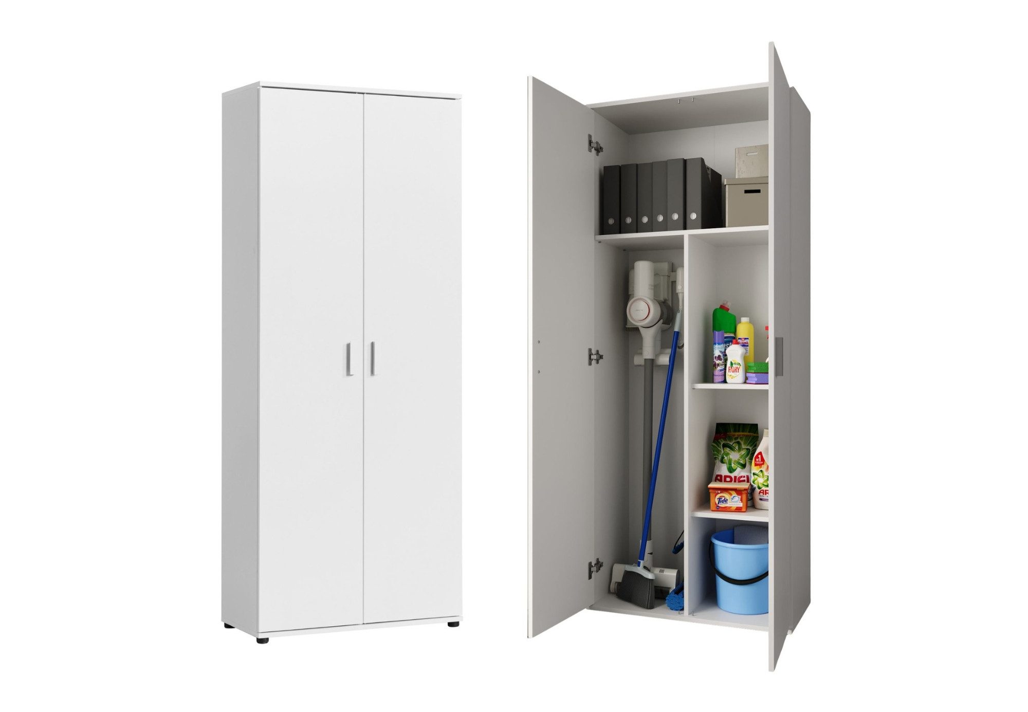 Home Collective Mehrzweckschrank 75 cm breit mit Einlegeböden 75x35x184 cm (BxTxH) Weiß (Vorratsschrank Universalschrank für Haushalt, Flur, Büro, Keller) mit 2 Einlegeböden und Fach für Staubsauger