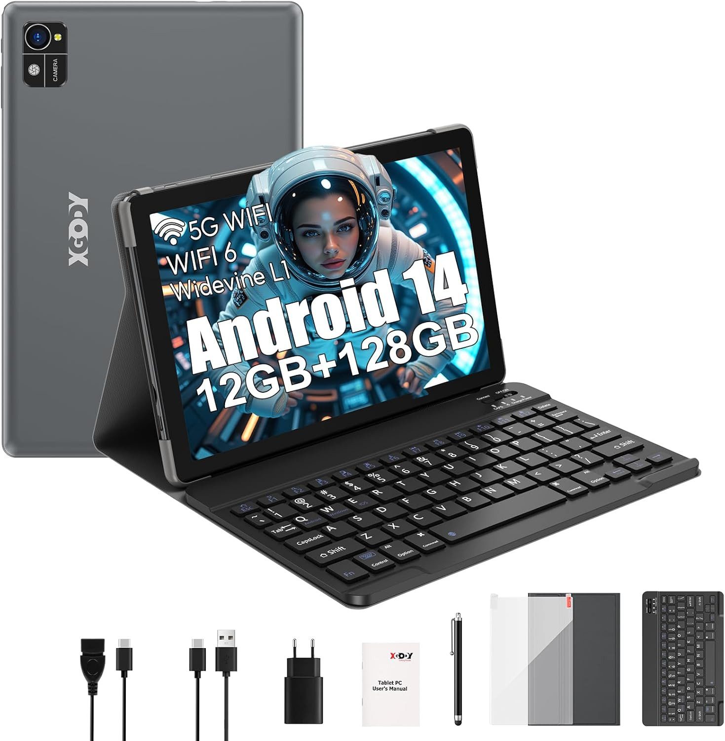 XGODY 2,4G/5G WLAN 2,0 GHz, 12 GB RAM 7000 mAh Akku Tablet (10", 128 GB, Android 14, Vielseitiges Gerät für Arbeit, Unterhaltung und mobiles Surfen)