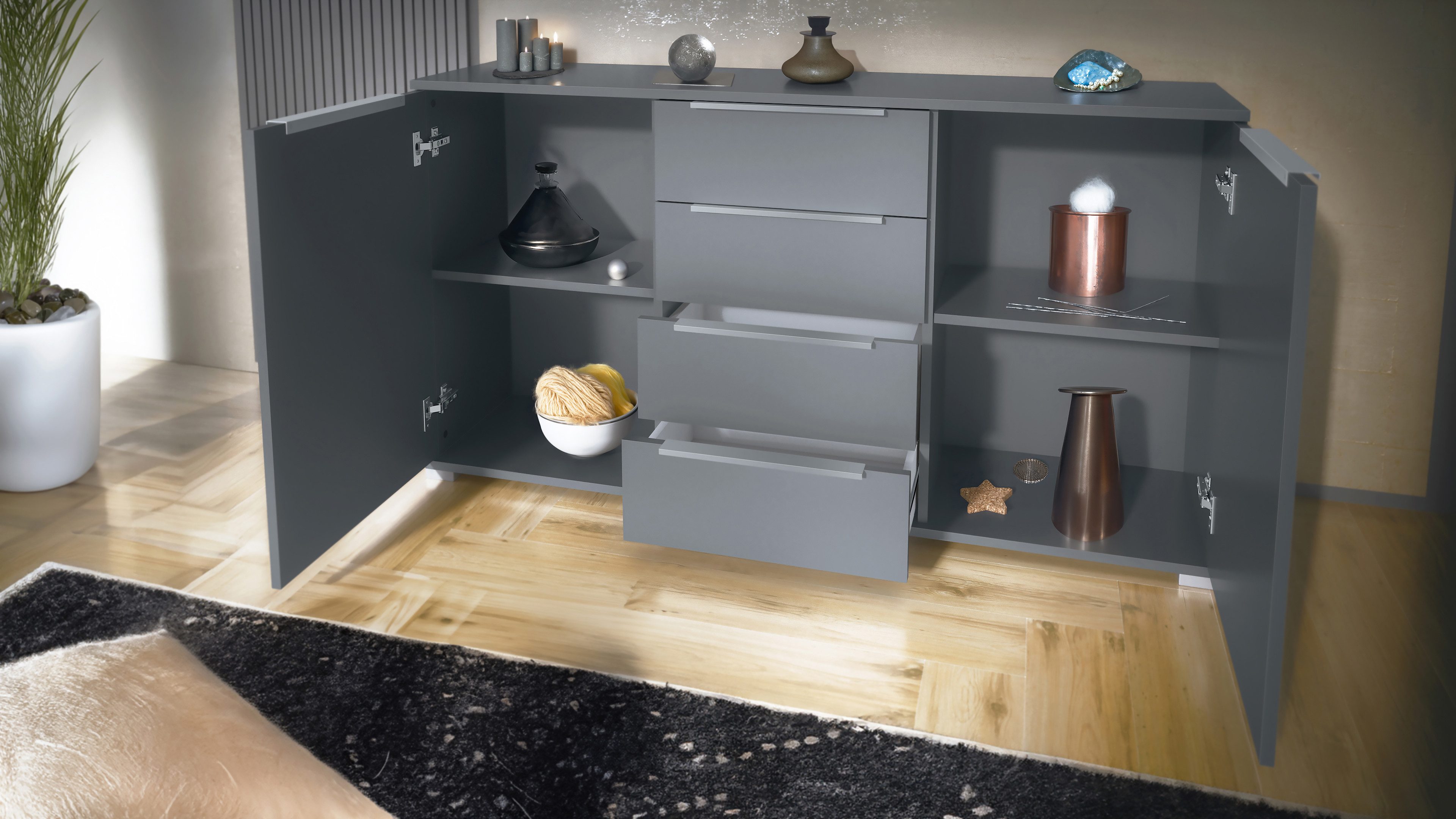 Vladon Sideboard Linio V1 (Anrichte, mit 2 Türen und 4 Schubladen), Anthrazit matt/Grau Hochglanz (138,5 x 75,5 x 35 cm)