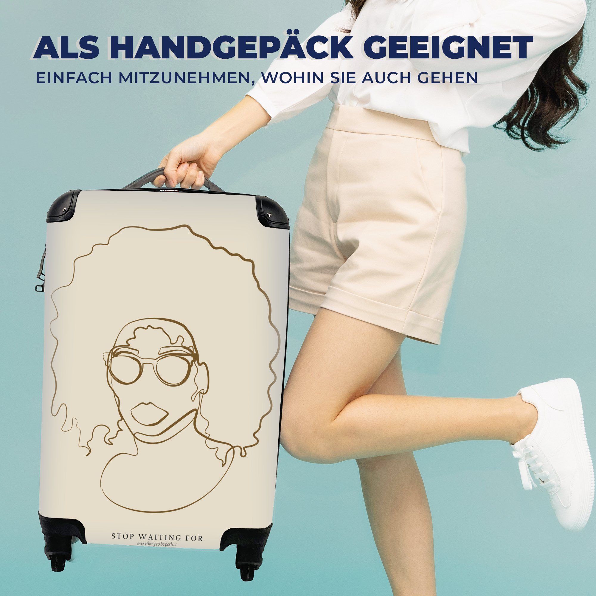 MuchoWow Handgepäckkoffer - mit 4 Trolley, Zitate, Frau Linienkunst Rollen, Reisetasche Ferien, - für Reisekoffer Handgepäck rollen, Text 