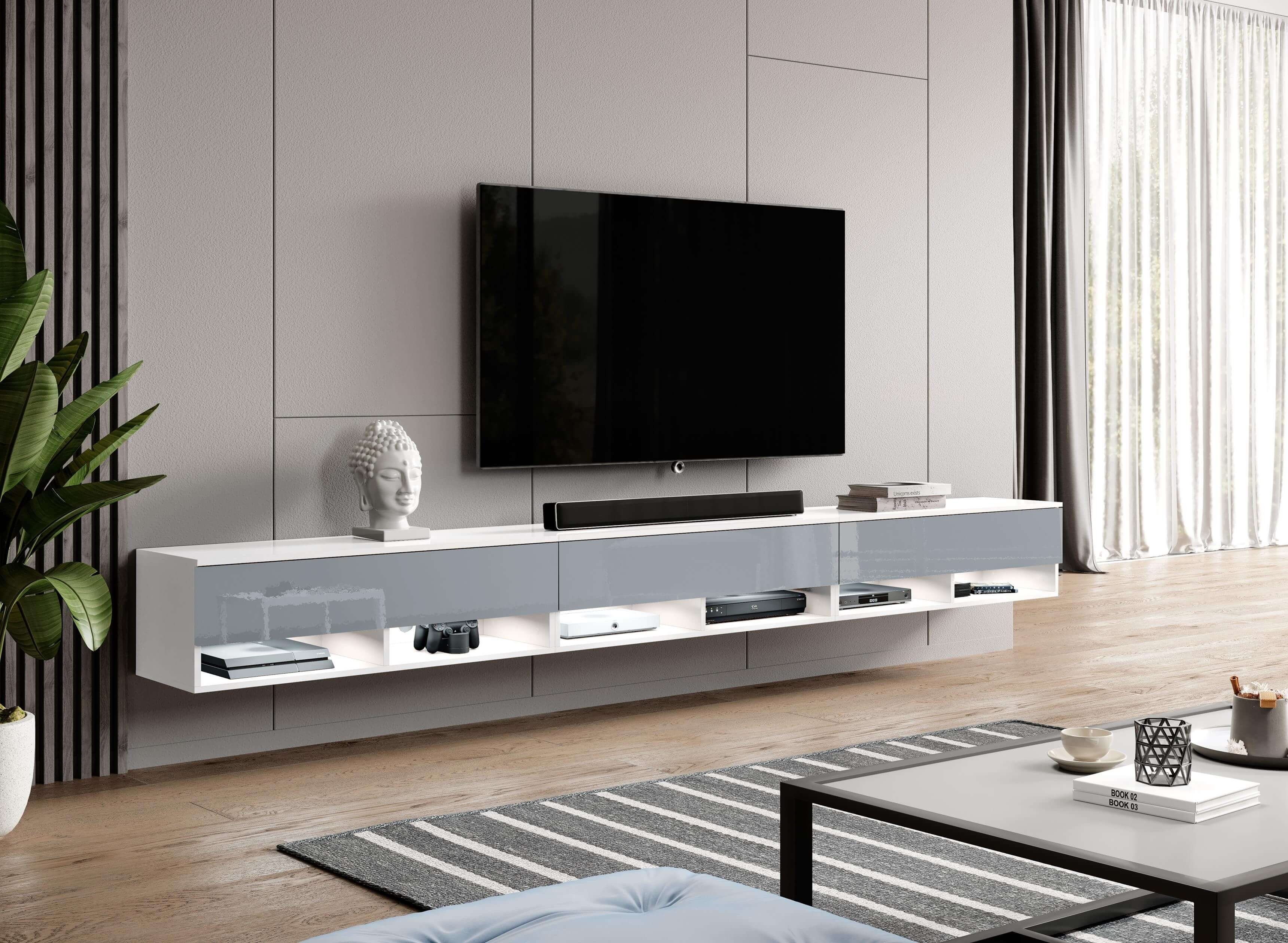 3 H34 TV-Schrank ohne Lowboard Furnix cm Glanz x x B300 Türen Weiß/Grau mit cm T32 LED ALYX TV-Kommode 300