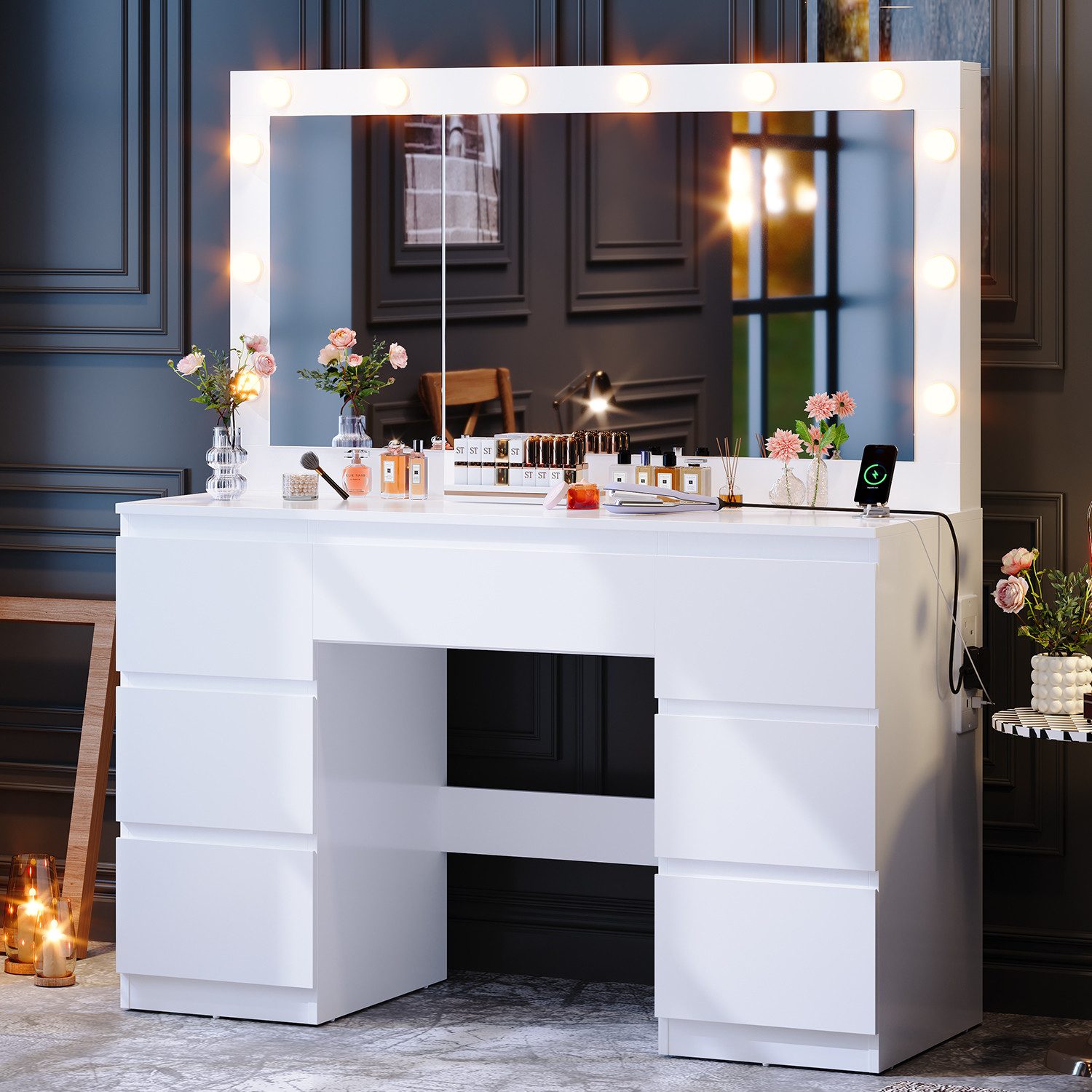 Furnicopia Schminktisch mit 7 Schubladen mit 2 Steckdosen 1 USB-Anschluss 1 günstig online kaufen