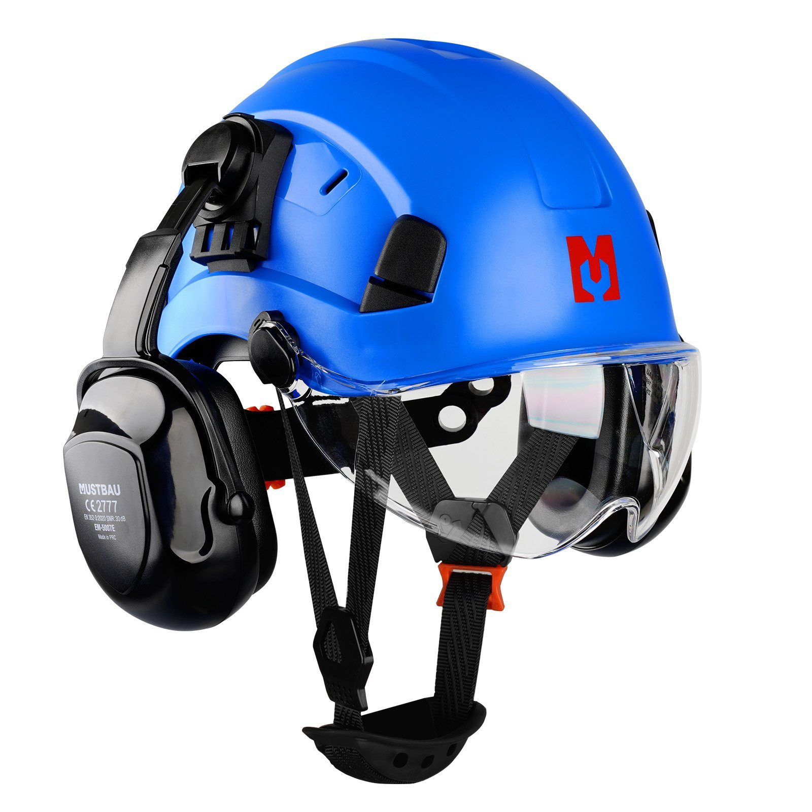 Mustbau Schutzhelm EN397, Arbeitshelm Mit Ohrschutz und Schutzbrille Set, ABS, 53- 63cm verstellbar