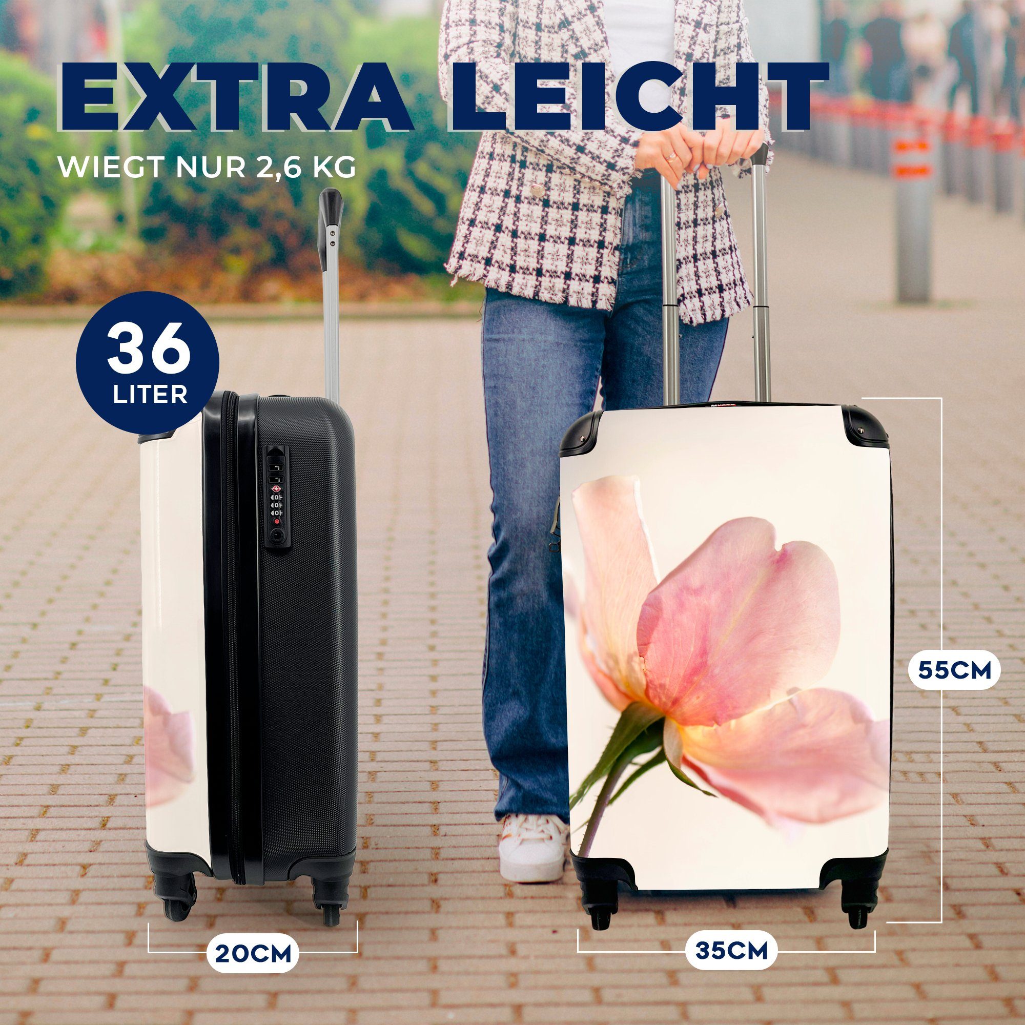 Rollen, rollen, Ferien, Reisekoffer und Trolley, Hintergrund, Handgepäckkoffer rosa Eine für Reisetasche 4 weißem noch Rose Handgepäck MuchoWow empfindliche mit junge mit