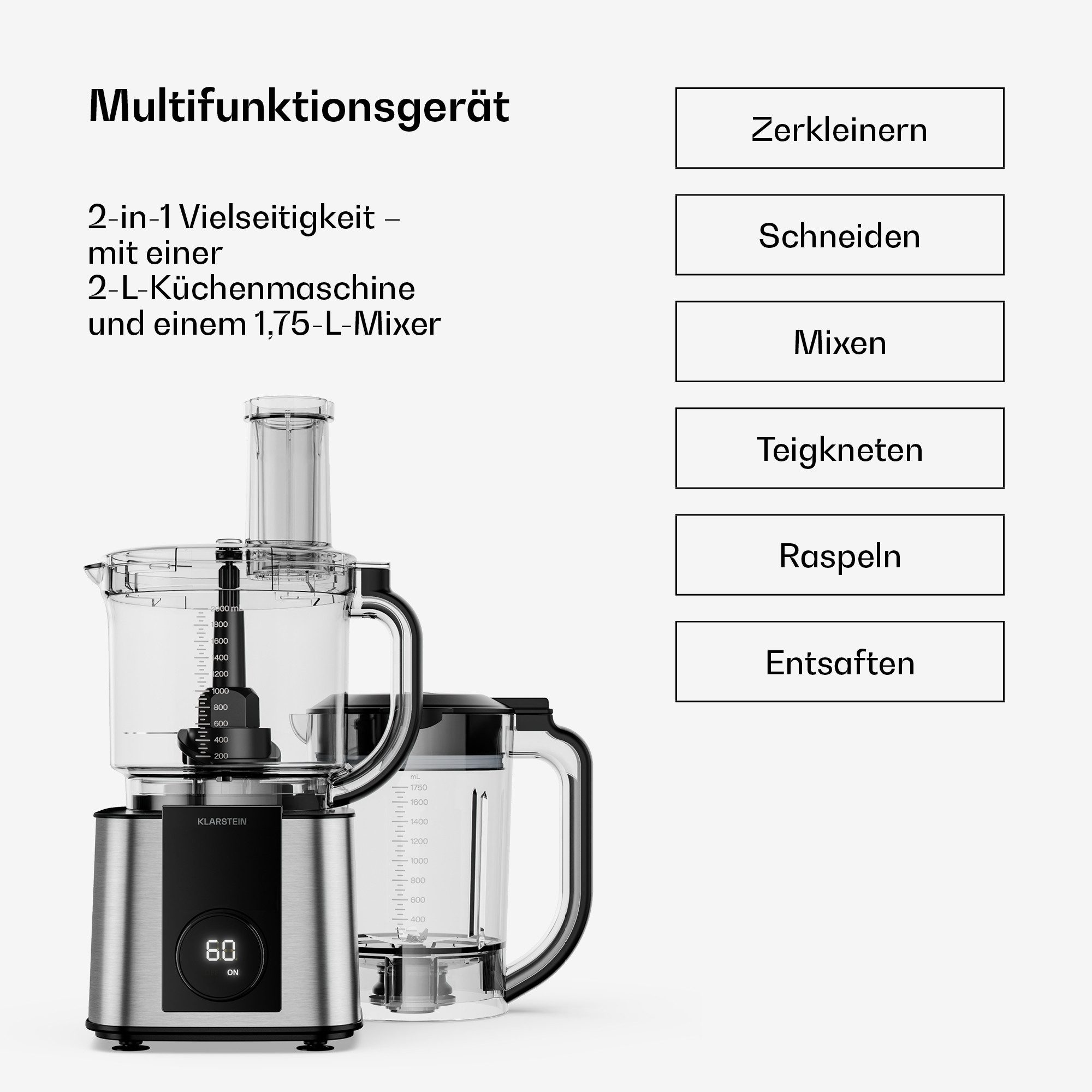 Klarstein Küchenmaschine Verosteel Küchenmaschine + Mixer 1200W 2L+1,75L 10 Stufen 6 Programme, 1200 W, Standmixer Mixer mit Mixbehälter Touch & 6 Programmen – Bild 3 von 5
