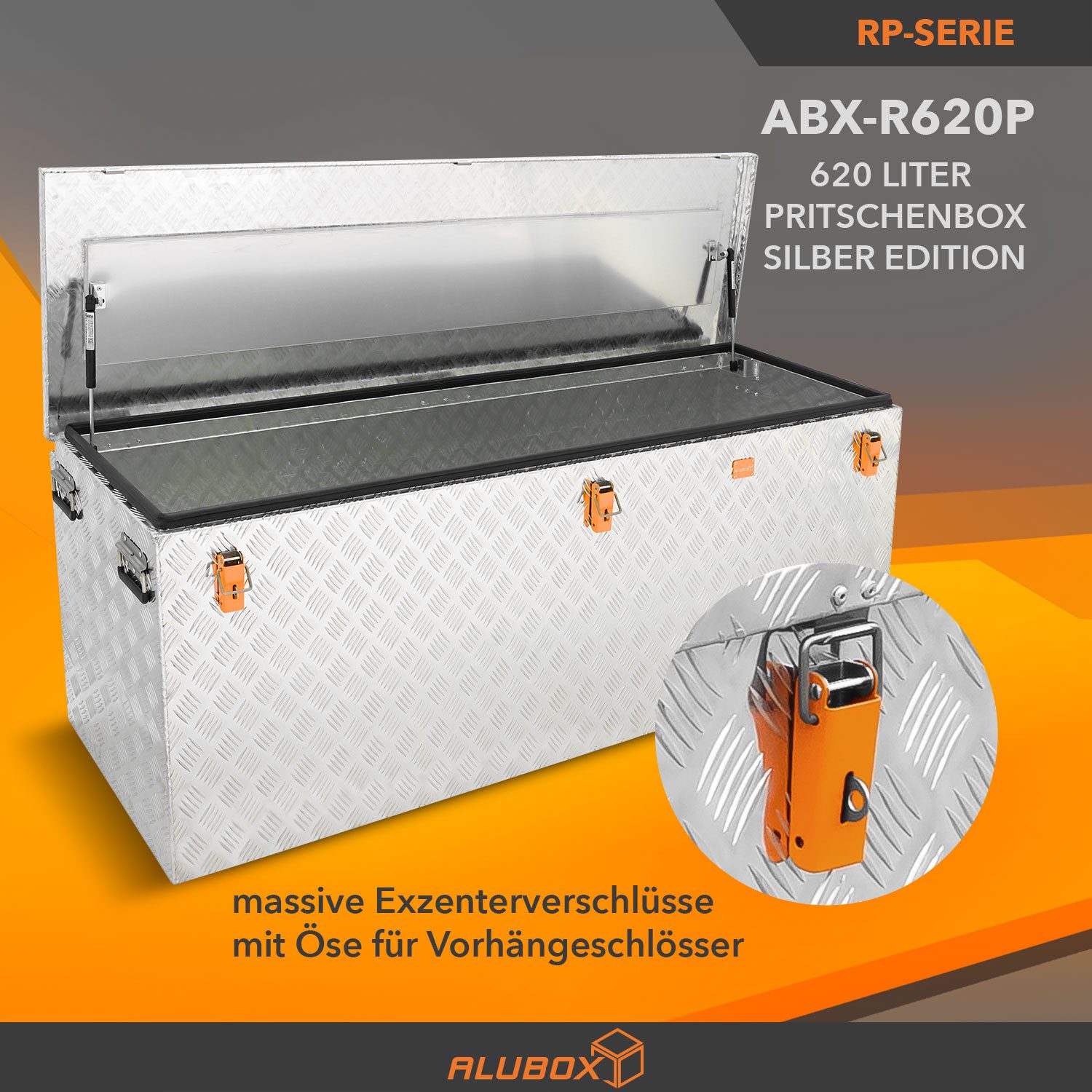 ALUBOX Aufbewahrungsbox Pritschenbox Truckbox 3mm Alu Riffelblech, mit 2 Einsätzen und 1 Vorhängezahlenschloss - korrosionsbeständig