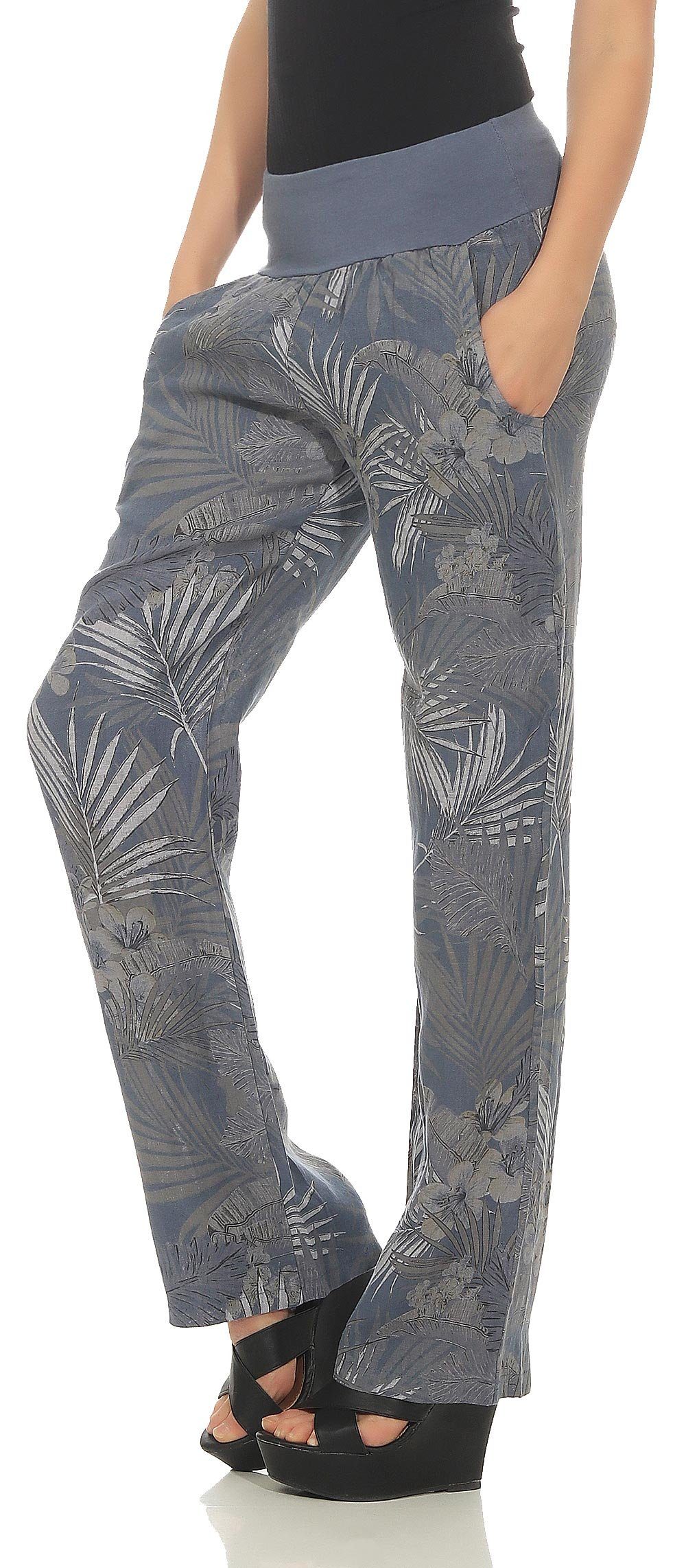 fashion jeansblau aus Leinen more Jungle Print than Leinenhose 7790 malito Hose mit