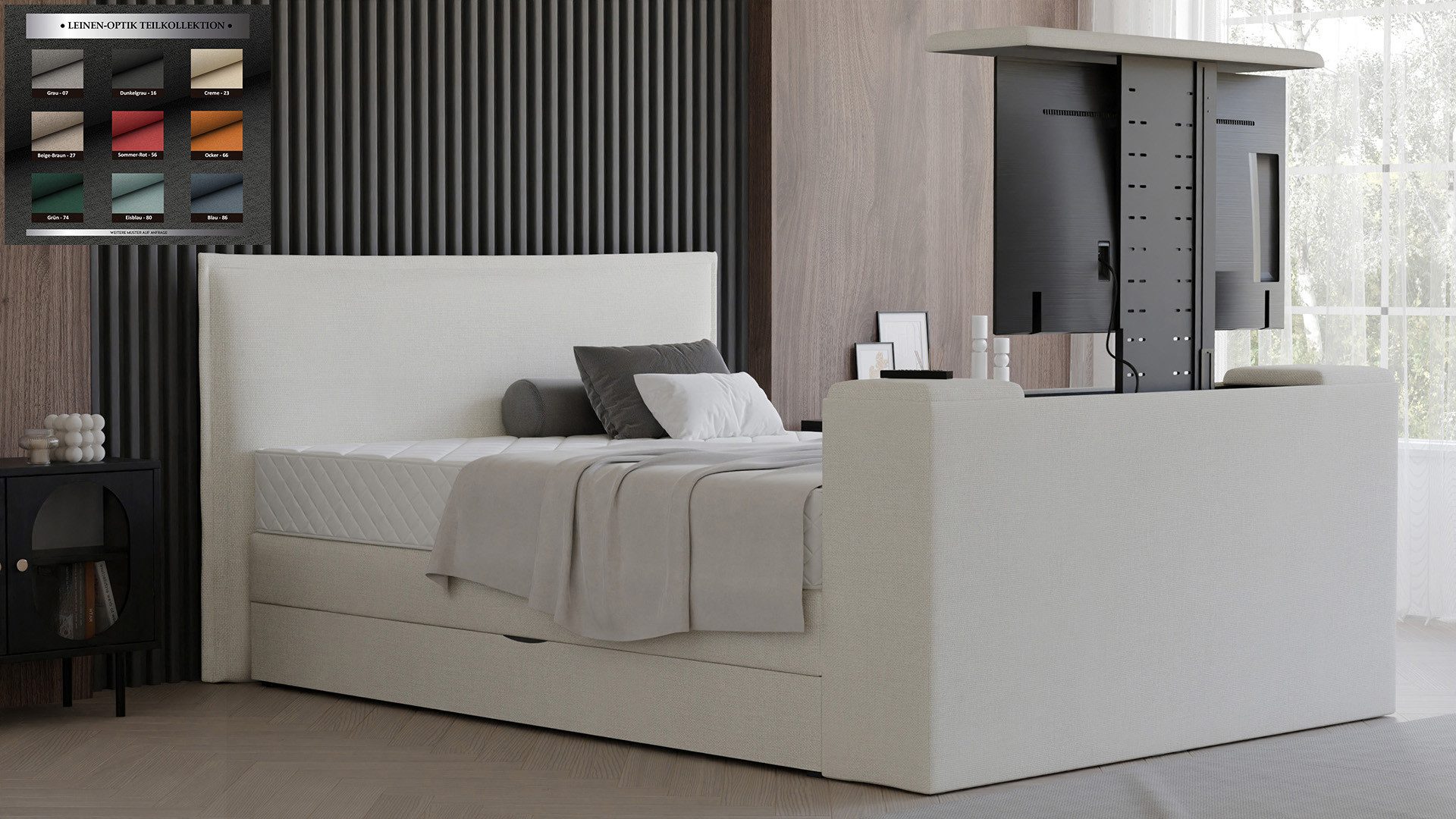 PAARA Boxspringbett mit TV Lift und Bettkasten inkl. Matratze mit integrierten Topper, mit einzigartigem Belüftungssystem