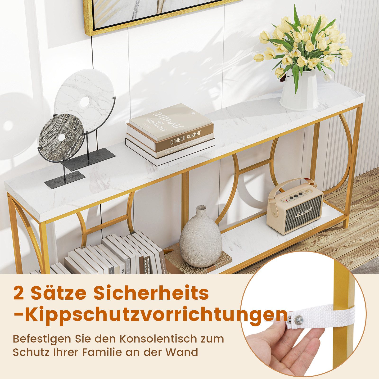 COSTWAY Konsolentisch, schmal Marmor, mit geometrischem Metallrahmen, gold