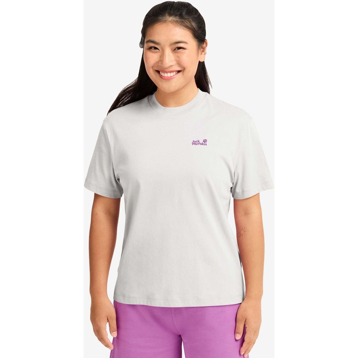 Jack Wolfskin Kurzarmshirt Celebrate The PAW Original T W Damen-T-Shirt mit großem Logo-Aufdruck, ideal für Alltag und Freizeit