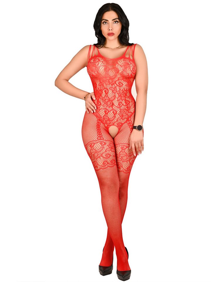 Elegant Love Bodystocking-Ouvert Sexy Strumpfbody als ärmelloses Catsuit – elegante Reizwäsche Dessous mit offenem Schritt, integrierte Straps-Optik – Größe XS–XL