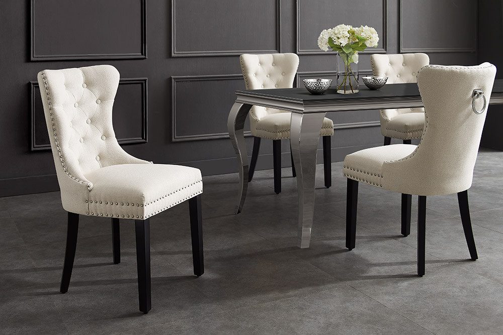 riess-ambiente Esszimmerstuhl CASTLE beige / schwarz - Leinen, Massivholz, Ziernieten, Komfortgriff (Einzelartikel, 1 St), Polsterstuhl im Chesterfield-Design - ideal für glamouröse Essbereiche