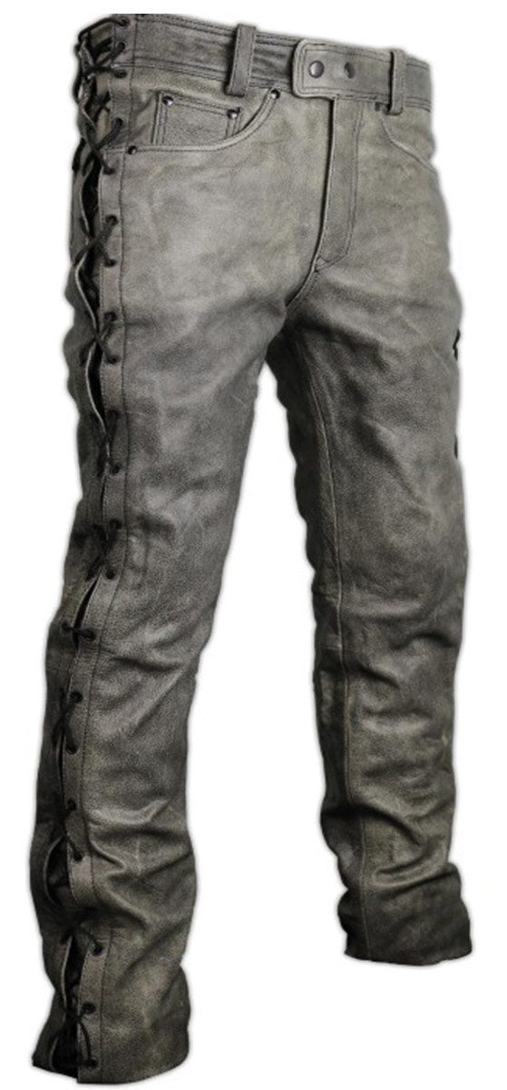 MDM Lederhose Herren Lederhose Rindsleder grau mit seitlicher Schnürung (Einzelartikel, 1x Herren Lederhose) Seitliche Schnürung, echtes Nappa Rindsleder