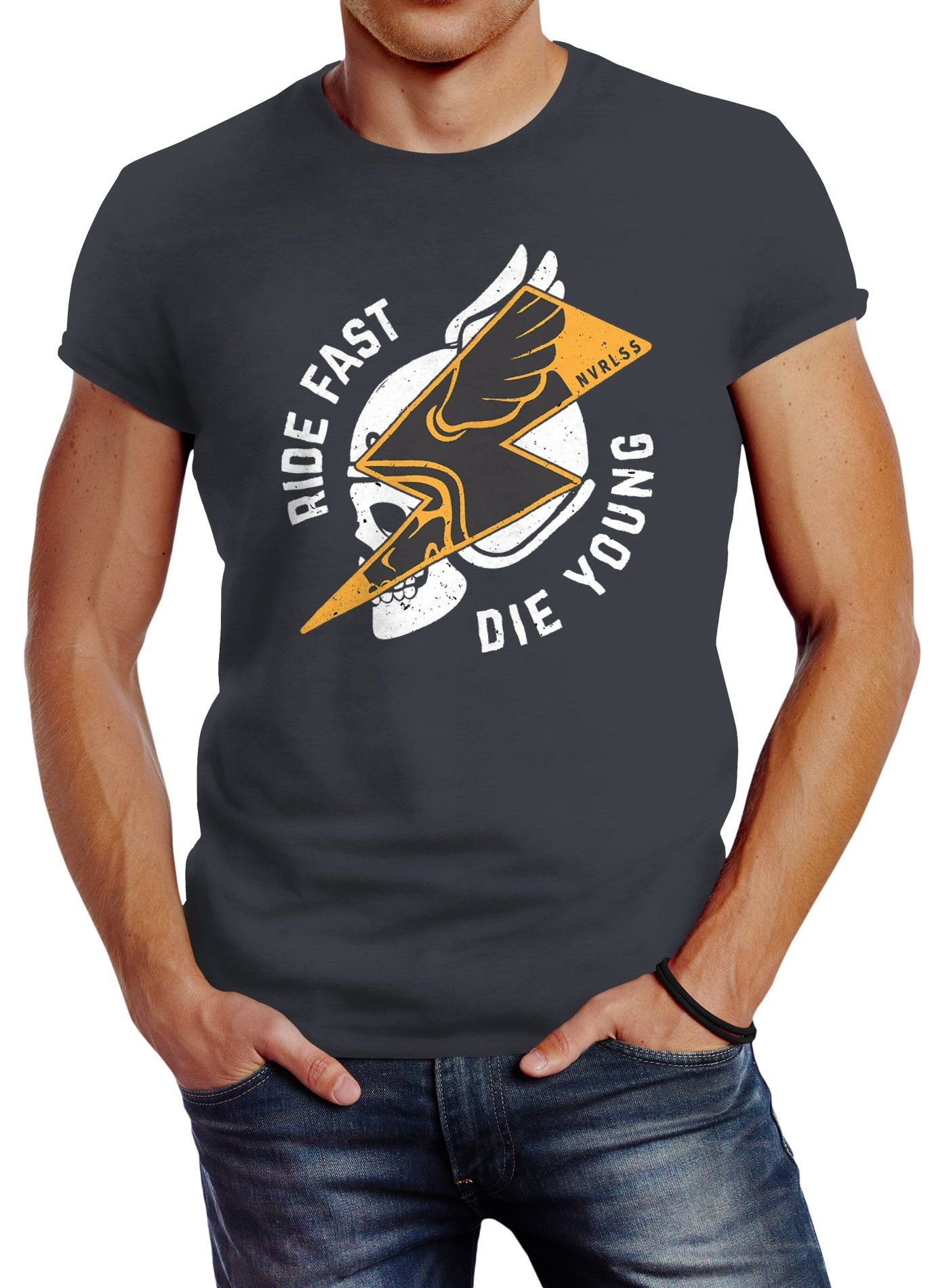 Neverless Print-Shirt Herren T-Shirt Rocker Biker Motiv Spruch Ride Fast Die Young Flash Blitz Skull Helm Slim Fit Neverless® mit Print grau