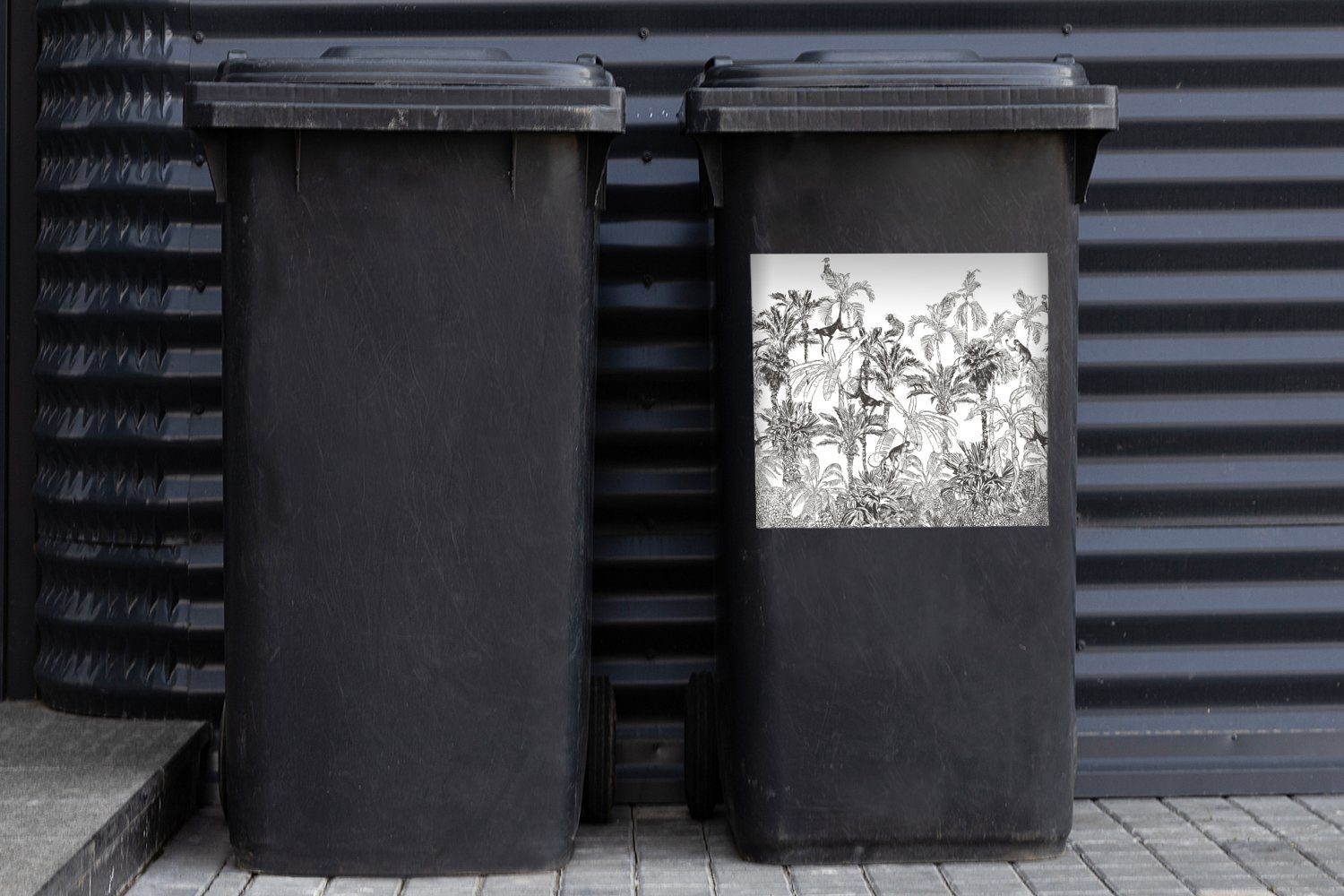 MuchoWow Wandsticker Schwarz Mülltonne, Abfalbehälter St), Sticker, Weiß - Mülleimer-aufkleber, (1 - Container, Dschungel Tiere 