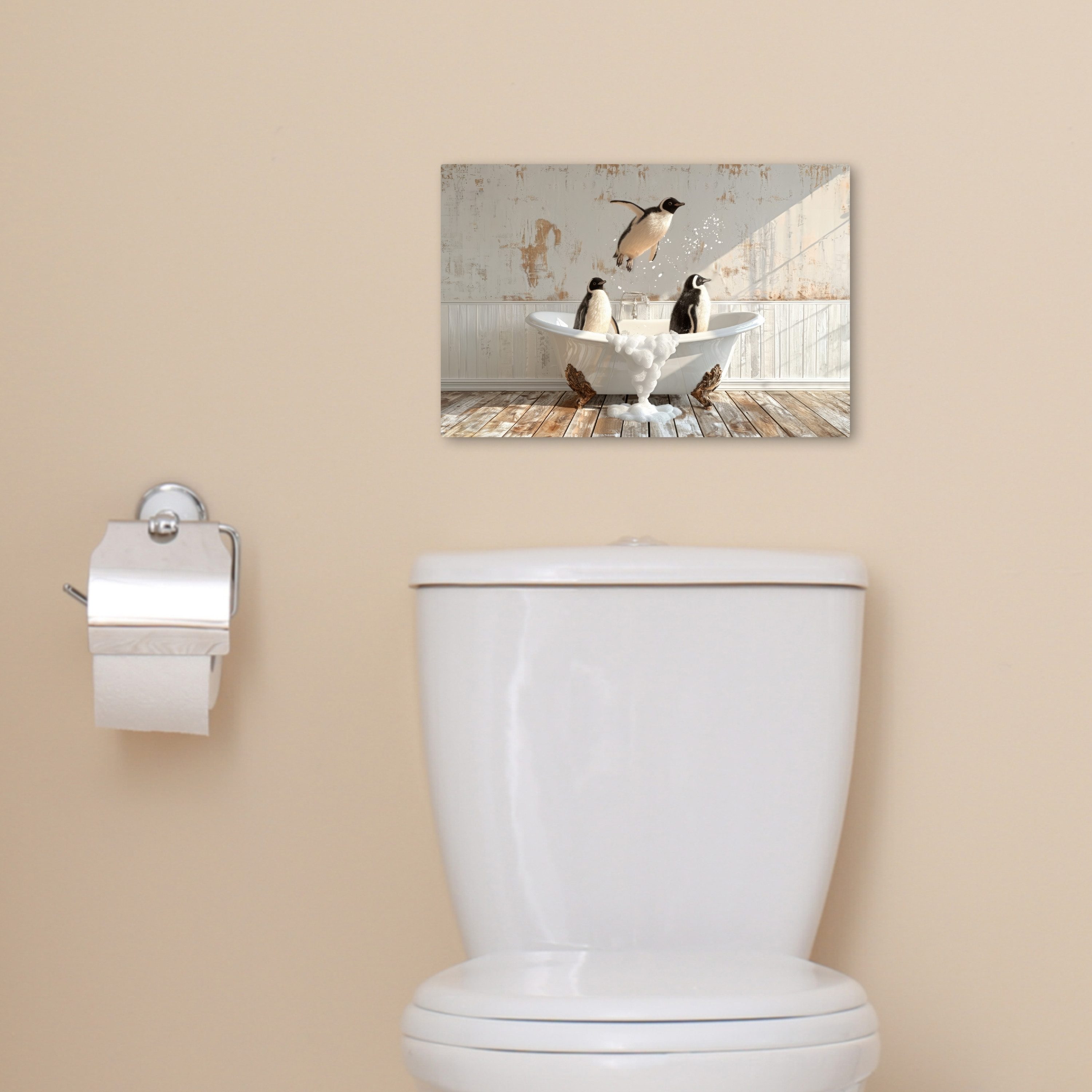 OneMillionCanvasses® Leinwandbild Weinlese - Pinguin - Badewanne - Schaumstoff, Fotodruck (1 St), Bilder für Badezimmer, Bad und Toiletten Deko, Bild WC 30x20 c – Bild 5 von 5
