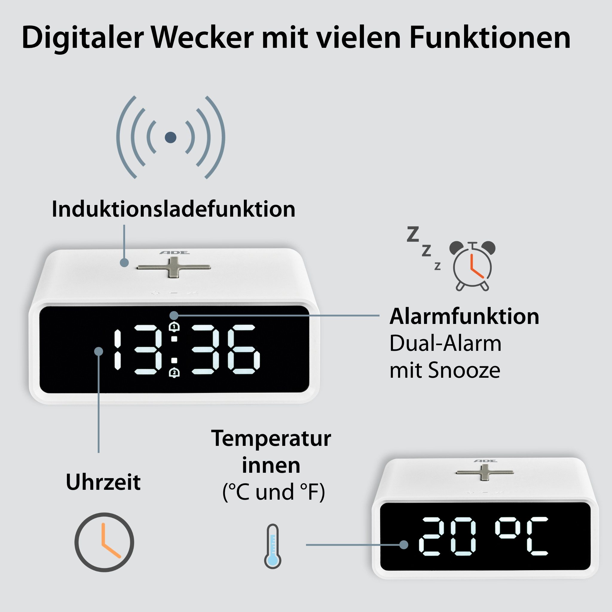 ADE Wecker mit QI Ladefeld Dual-Alarm, Temperaturanzeige, anpassbare Beleuchtung