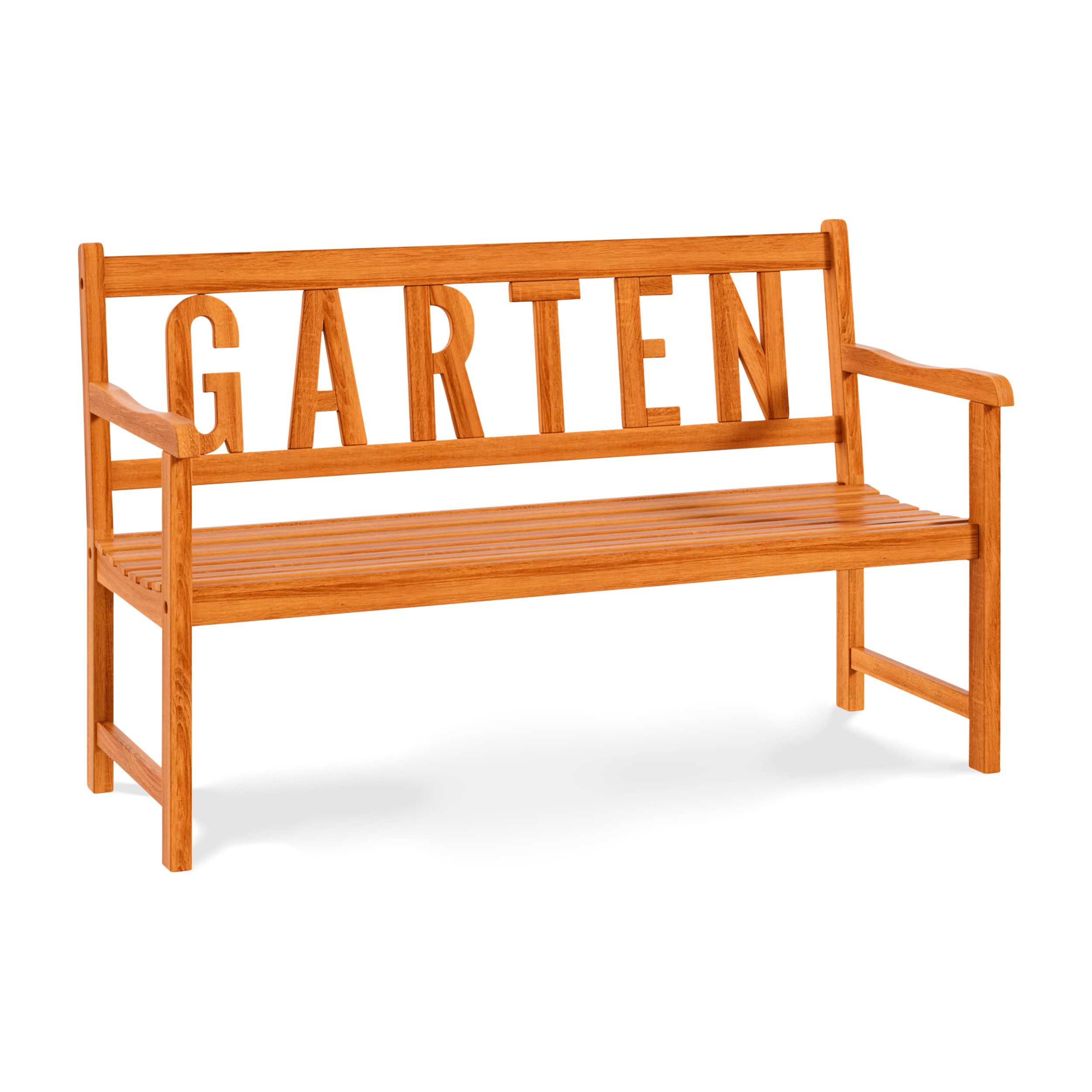 KHG Gartenbank aus Akazie-Massivholz geölt braun (2 Sitzer mit Gartenschriftzug in der Rückenlehne, für 2-3 Personen wetterfest 146x91x63 cm), Wetterfest, Gartenschriftzug in der Rückenlehne