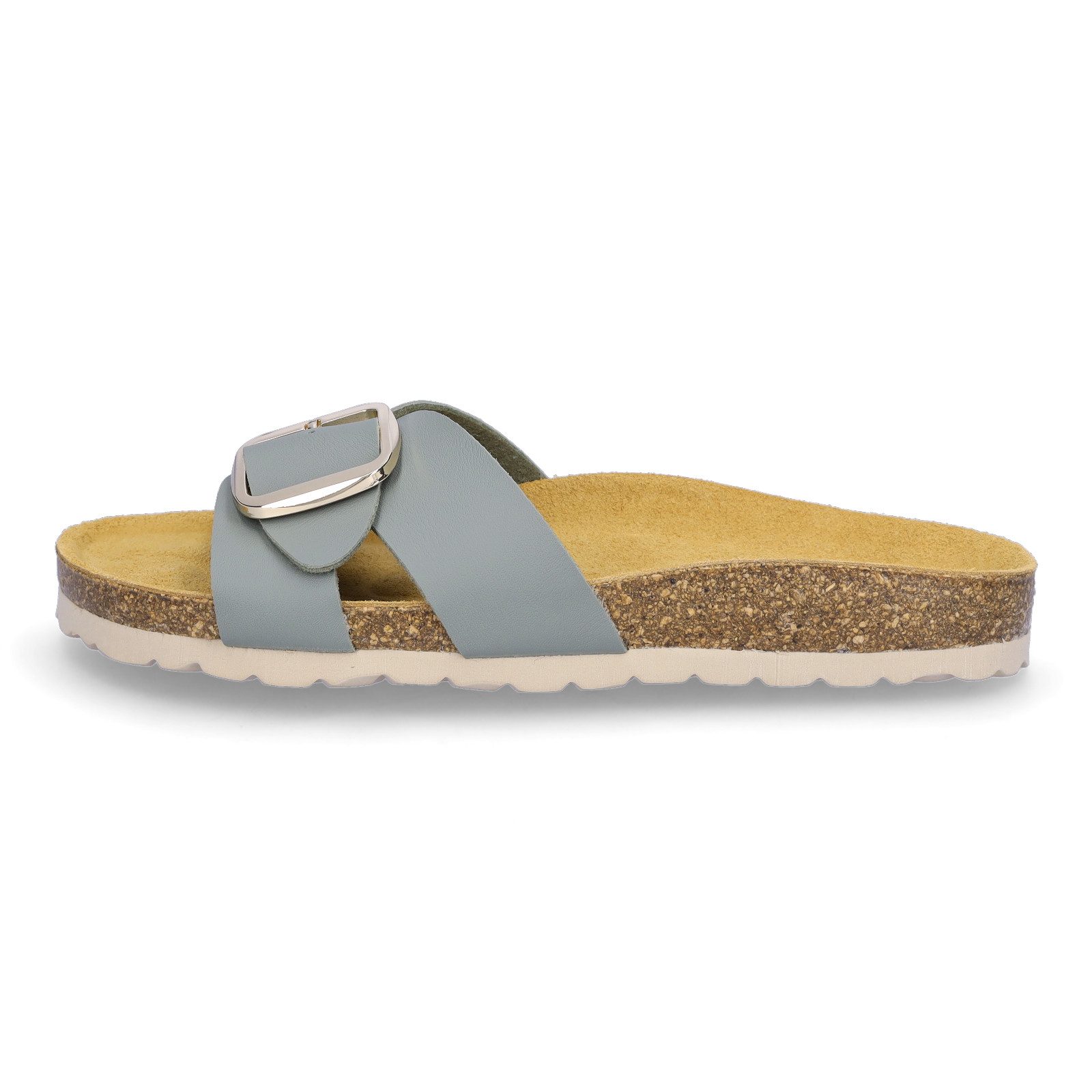 MIDS MAYLA Damen Pantolette olivgrün, Einriemer mit Lederfußbett, Korksohle und großer Schnalle