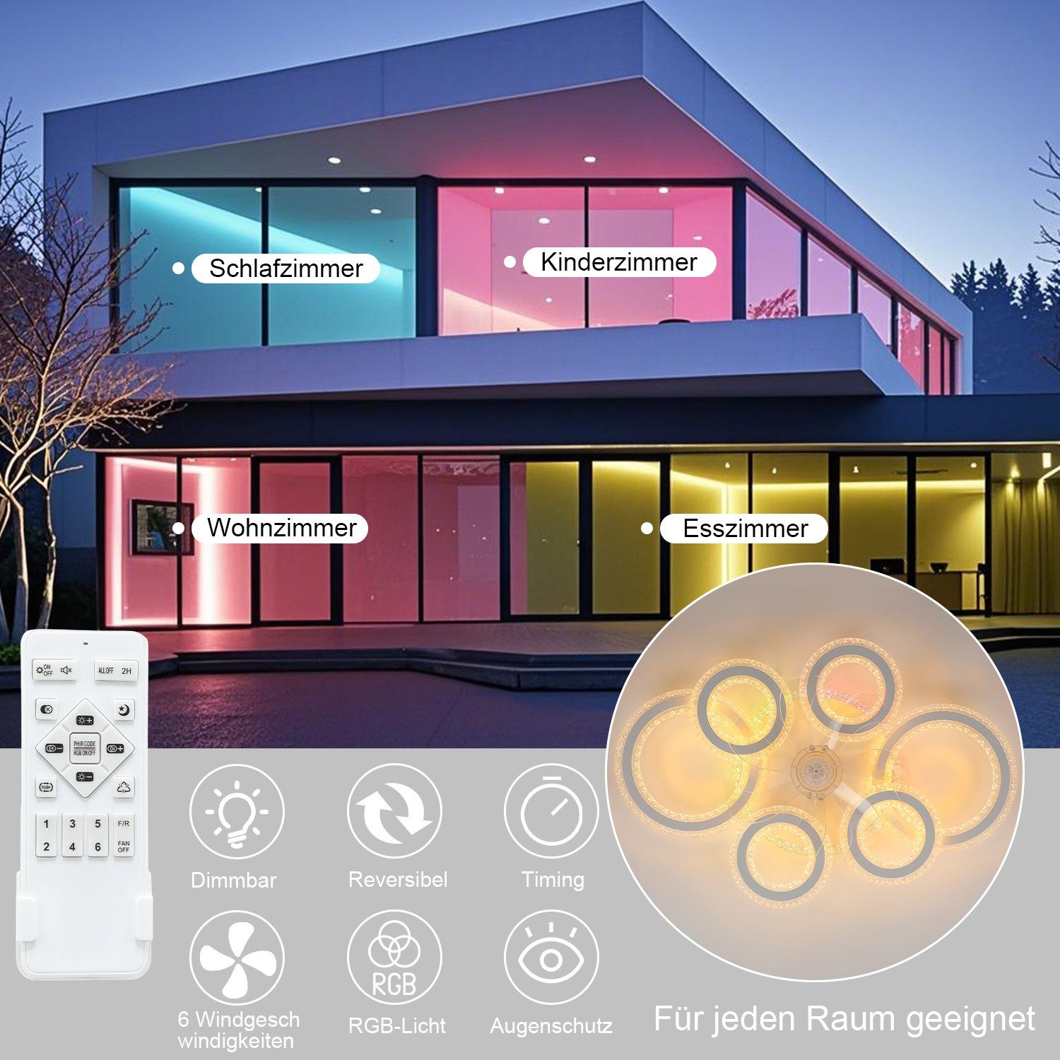 LETGOSPT Deckenleuchte 90W Leise Deckenventilator mit Beleuchtung, RGB dimmbar, 6-Gang, Timer, RGB-Hintergrundbeleuchtung, LED fest integriert, kaltweiß, neutralweiß, warmweiß, RGB, led Deckenleuchte Mit Ventilator Fernbedienung, 76×53 cm