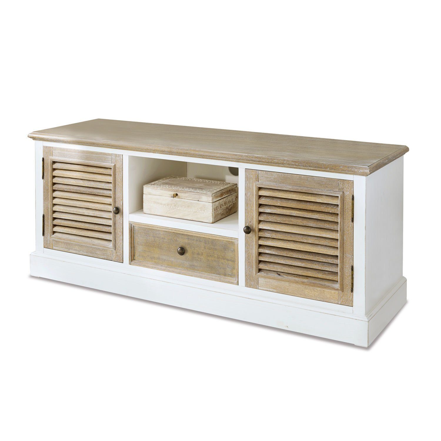 Mirabeau Kommode charmantes Sideboard Glencoe im Landhausstil mit Lamellentüren braun (eleganter Korpus, Türen, Schublade & Ablageboden), Lowboard, TV-Schrank, B 138cm, H 56,5cm, T 43,5cm