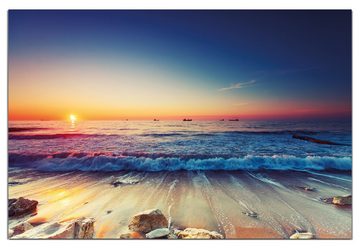 Wallario Wandfolie, Sonnenuntergang am Meer mit Wellen am Strand, wasserresistent, geeignet für Bad und Dusche