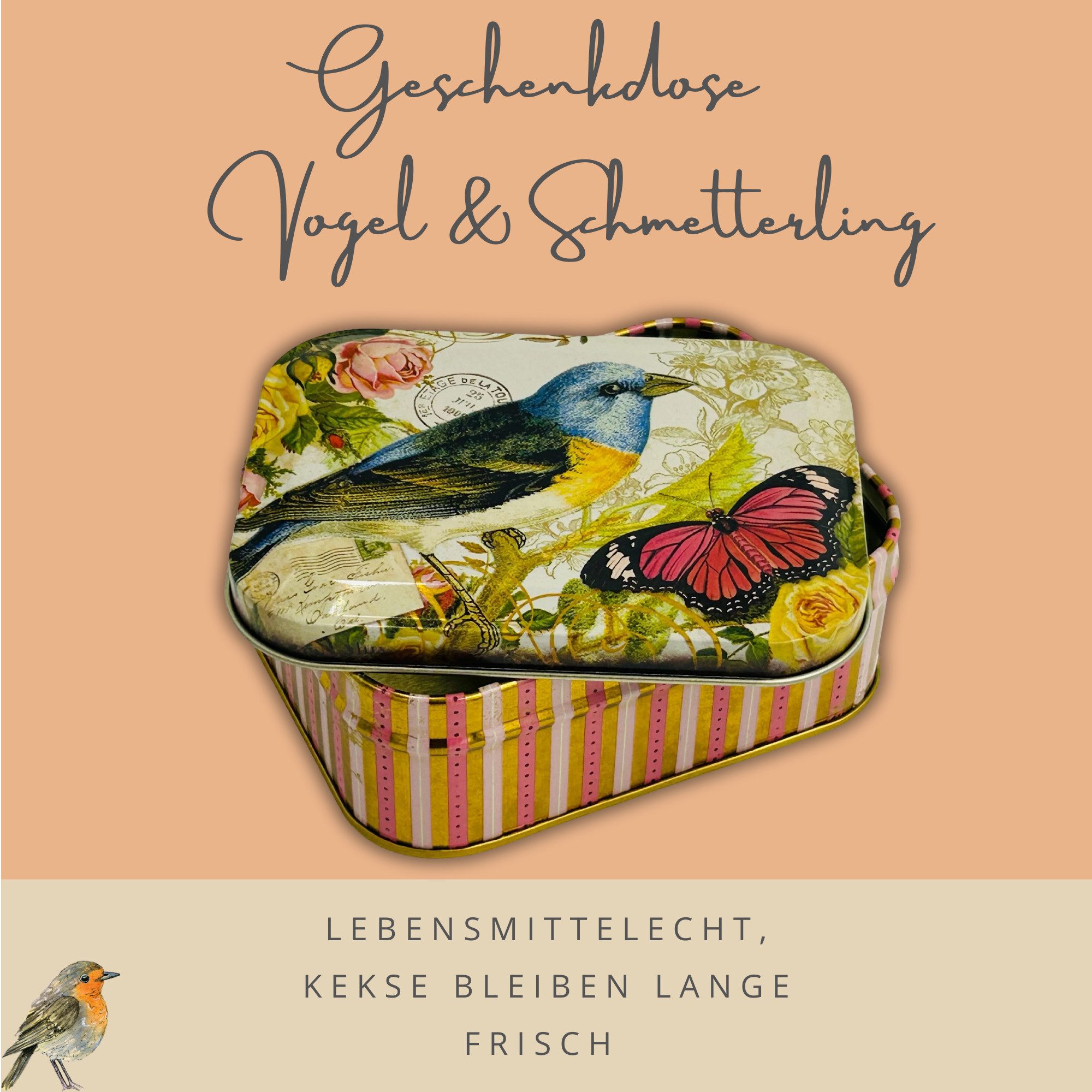 MediMuc Keksdose Bonbondose - Auswahl Robin Rot oder Vogel & Schmetterling