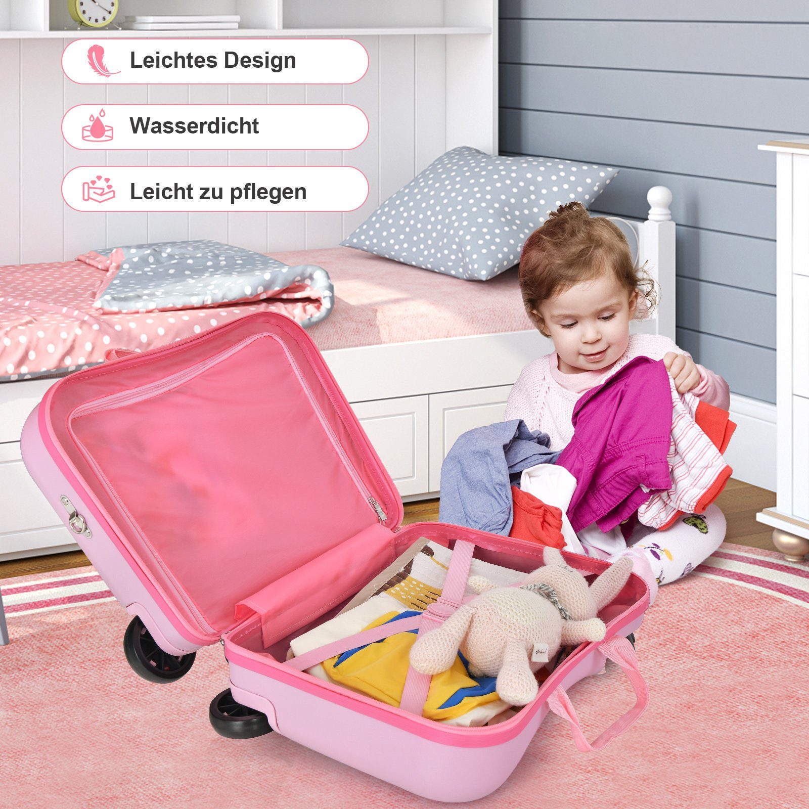 COSTWAY Kinderkoffer 12"+18" Kindertrolley, zum sitzen, mit 4 Rollen & Rucksack