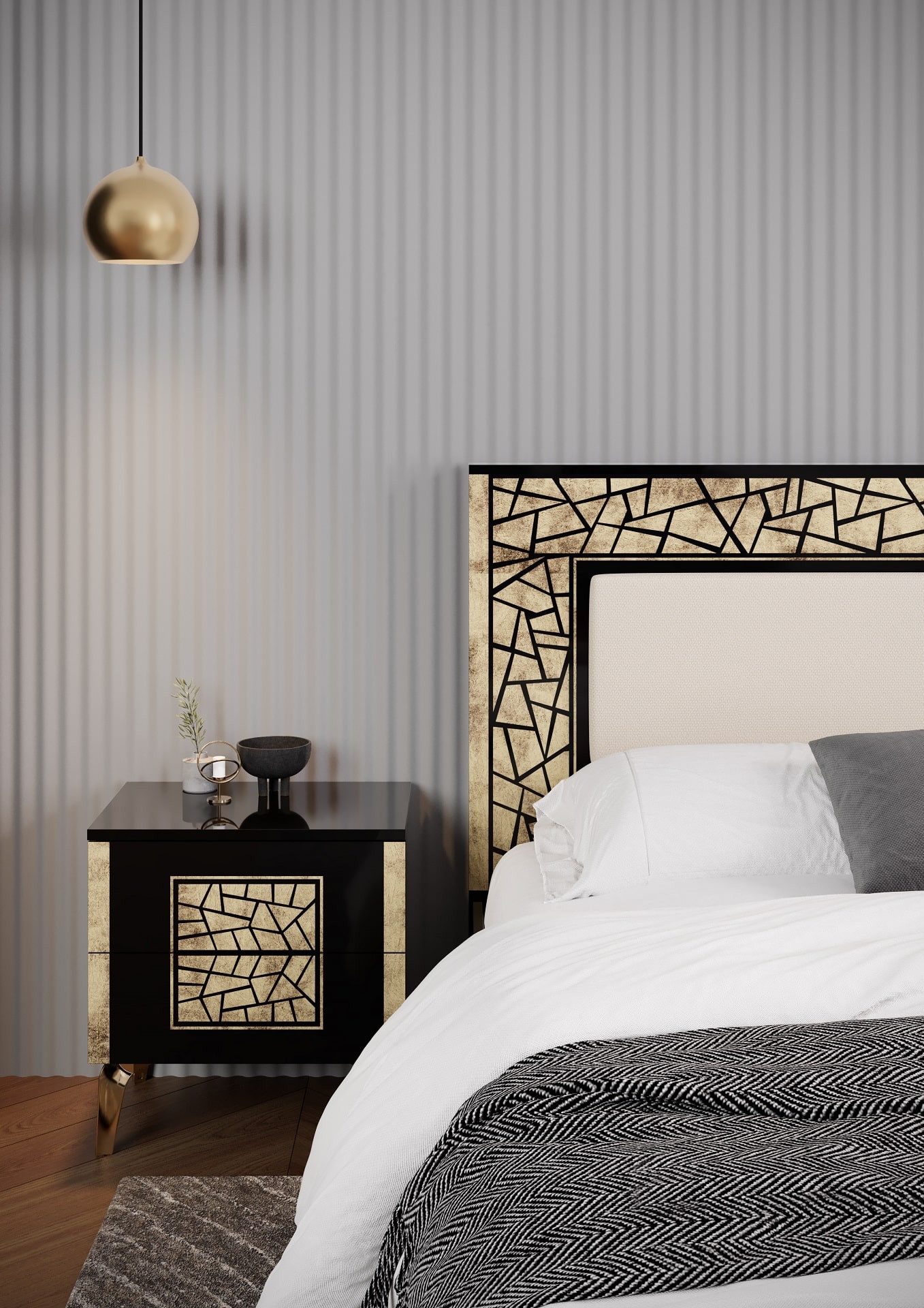 Interdesign24 Nachtkommode Stella (2-er Set, mit 2 Schubladen, in Schwarz/Gold Hochglanz), Made in Italy
