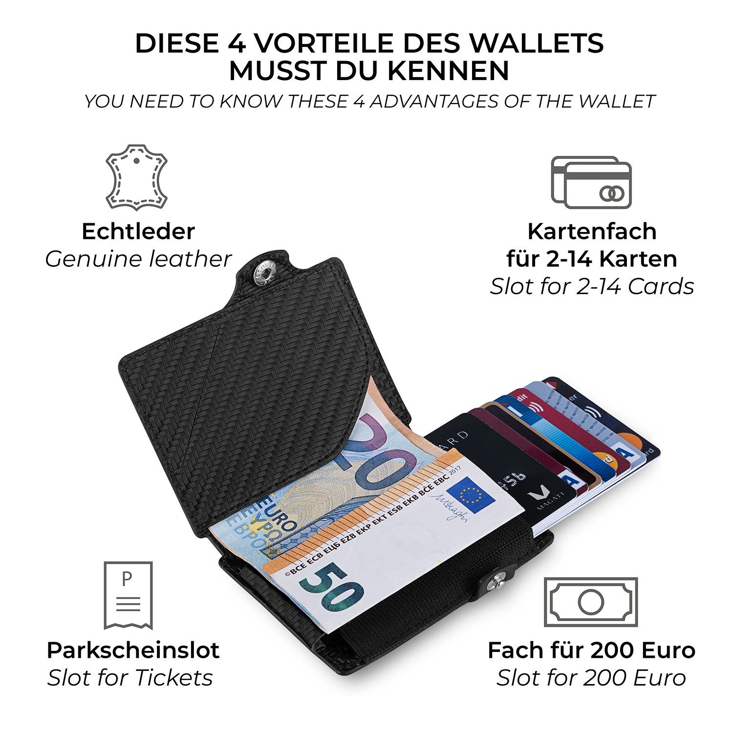 (mit Wallet Echtleder mit AirTag elastischem mit bis Kartenetui für mini Mini MAGATI Herren Geldbörse zu Karten kleines Geschenkverpackung), Kartenhalter Carbon 14 aus Hülle,