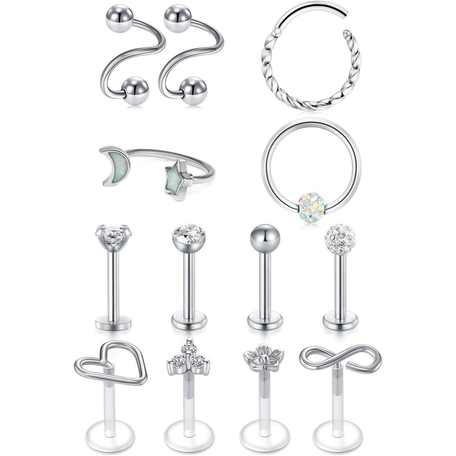 Piercing-Set Ohrpiercing Tragus Helix Chirurgenstahl 16G CZ E05:13 Stück Silber