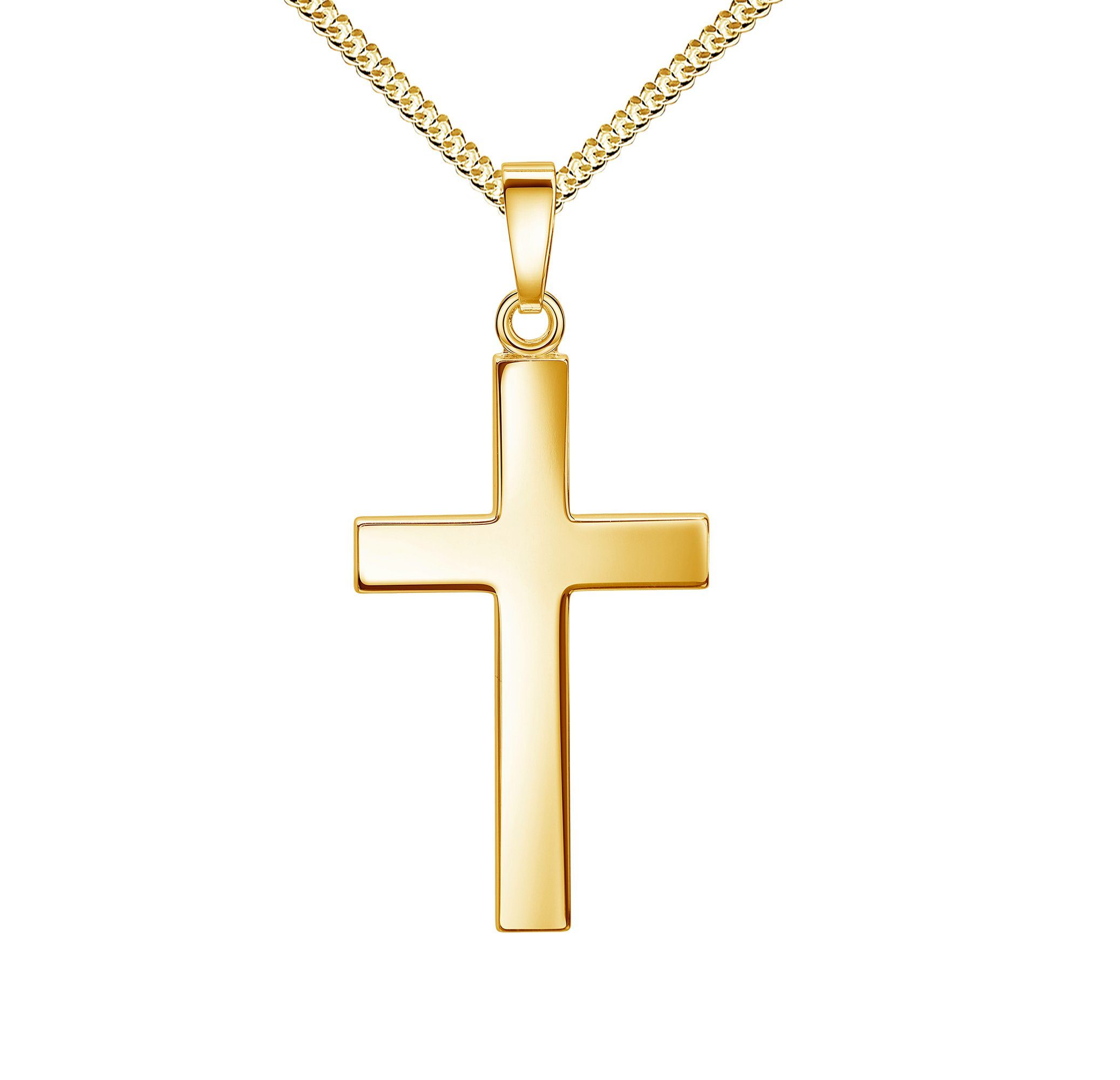 JEVELION Kreuzkette Kreuz--Anhänger 585 Gold - Made in Germany  (Goldanhänger, für Damen und Herren), Mit Kette vergoldet- Länge wählbar 36  - 70 cm.
