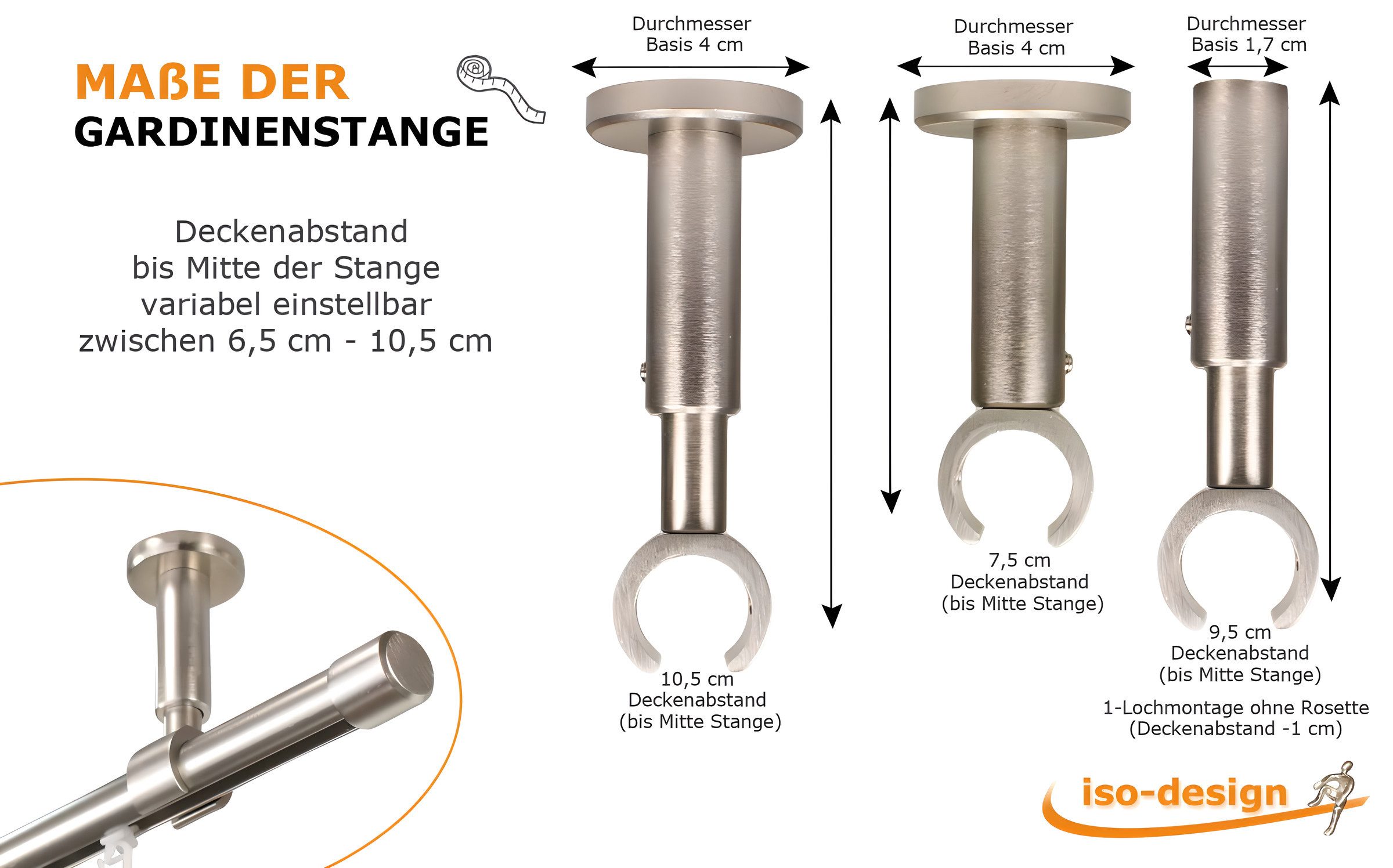 iso-design Gardinenstange Innenlauf zur Deckenmontage 20 mm Durchmesser variabler Deckenabstand, Ø 20 mm, kürzbar, Deckenmontage, geschraubt, Aluminium, Deckena – Bild 5 von 5