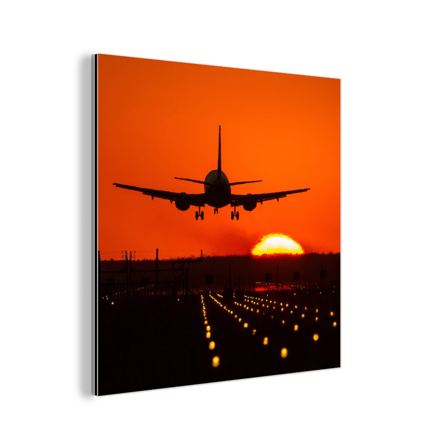 MuchoWow Metallbild Sonnenuntergang - Flugzeug - Orange - Sonne, (1 St), Alu-Dibond-Druck, Gemälde aus Metall, Aluminium deko