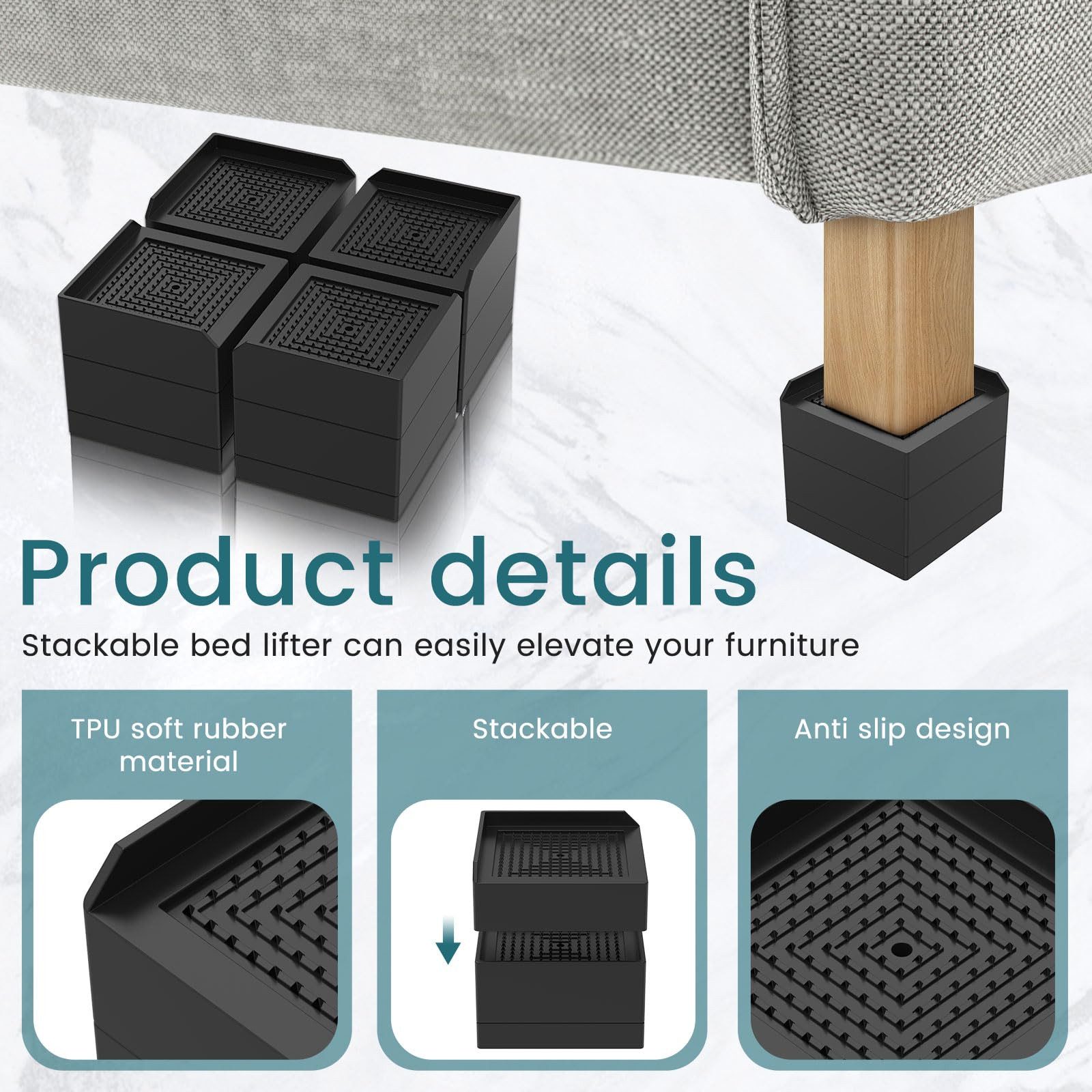 Diwzbyn Möbelfuß Möbelerhöhung 1 / 4er Set, 3 Zoll Möbelfuß Erhöhung, Stapelbar, Für Bett, Sofa, Tisch & Waschmaschine, Stoßdämpfend