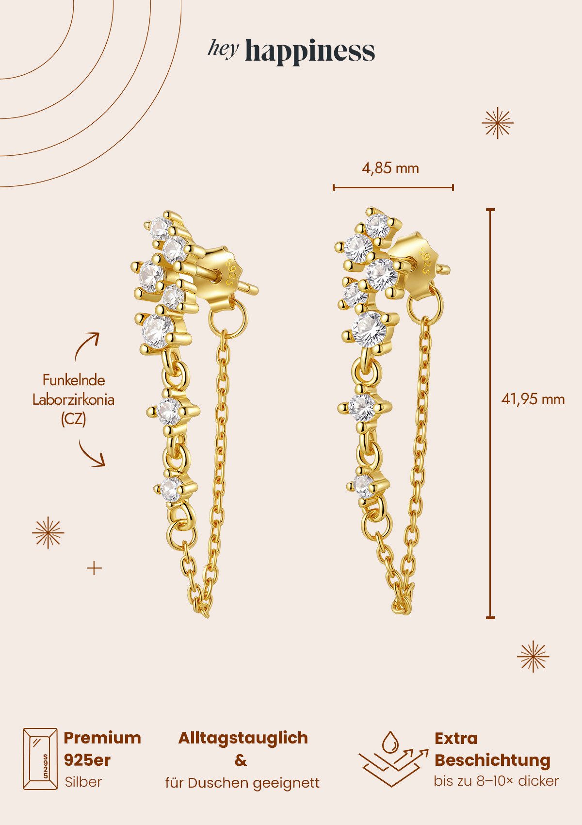 Hey Happiness Paar Ohrhänger Damen Ohrringe mit Zirkonia und Kette, Edle Kettenohrringe aus 925 Silber, vergoldet / rosévergoldet – Bild 5 von 5