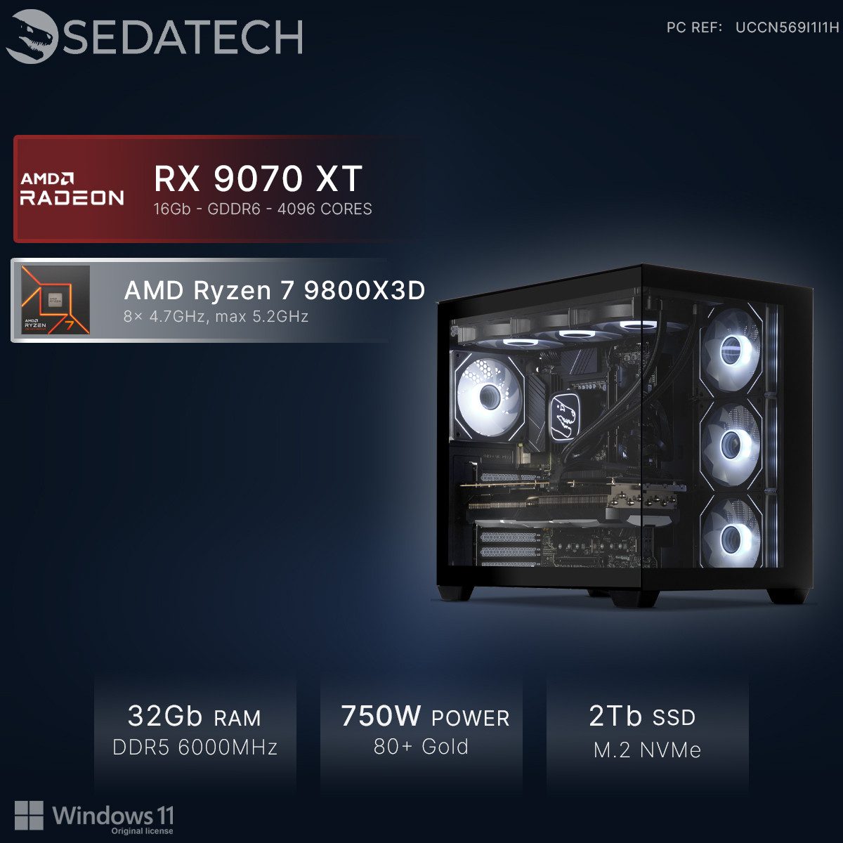 Sedatech UCCN569I1I1HF - Watercooling Gaming-PC (AMD Ryzen 7 9800X3D 8x 4.7GHz (max 5.2GHz), Radeon RX 9070 XT 16GB, 32 GB RAM, 2000 GB SSD, Watercooling, Wlan 7)