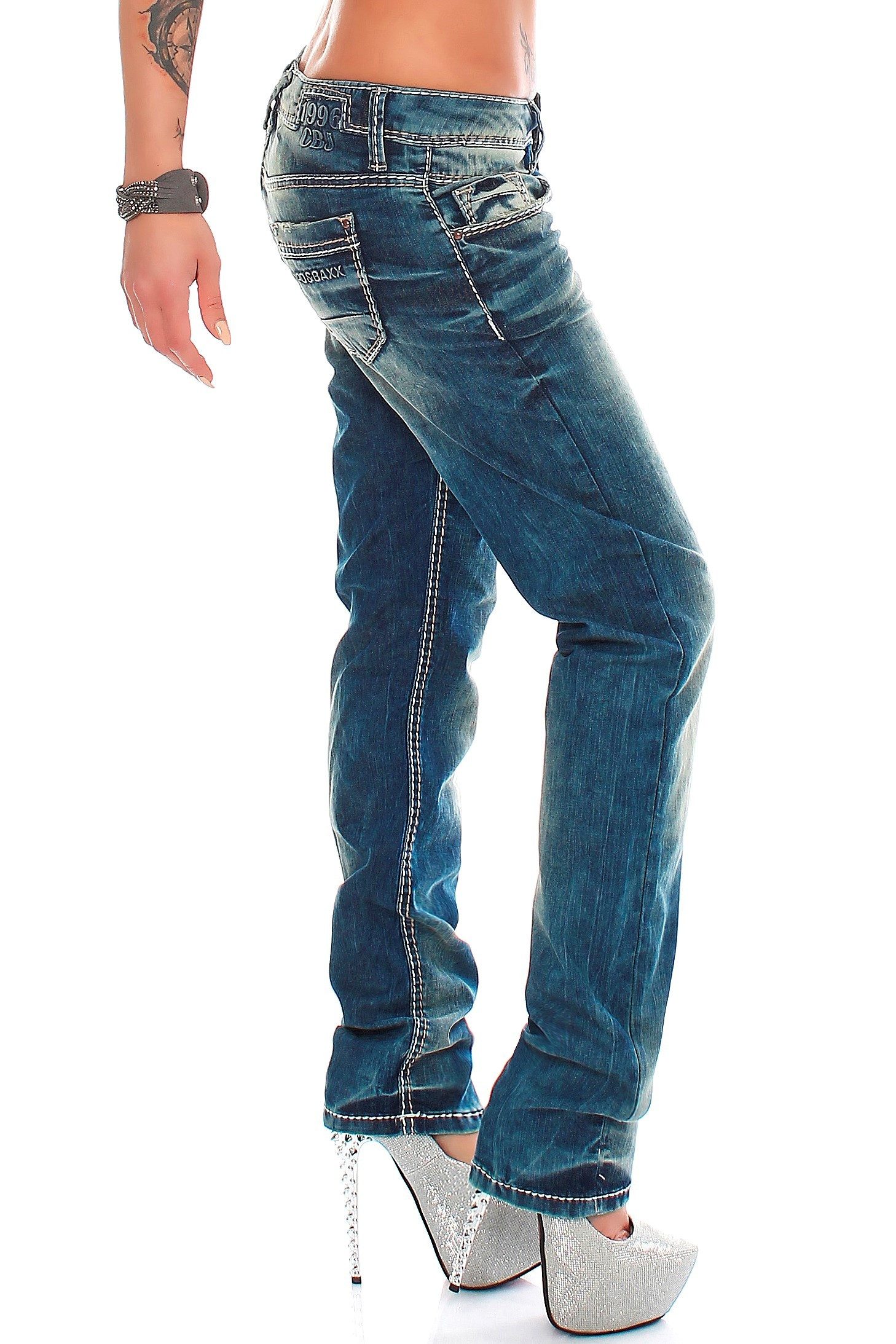 Cipo & Baxx Slim-fit-Jeans Damen Slim Fit Hose Stonewashed BA-WD153 Zweifarbige Ziernähte – Bild 2 von 4