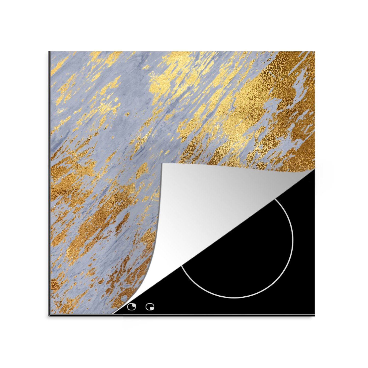 MuchoWow Herdblende-/Abdeckplatte Marmor - Blau - Gold, Vinyl, (1 tlg), 78x78 cm, Ceranfeldabdeckung, Arbeitsplatte für küche