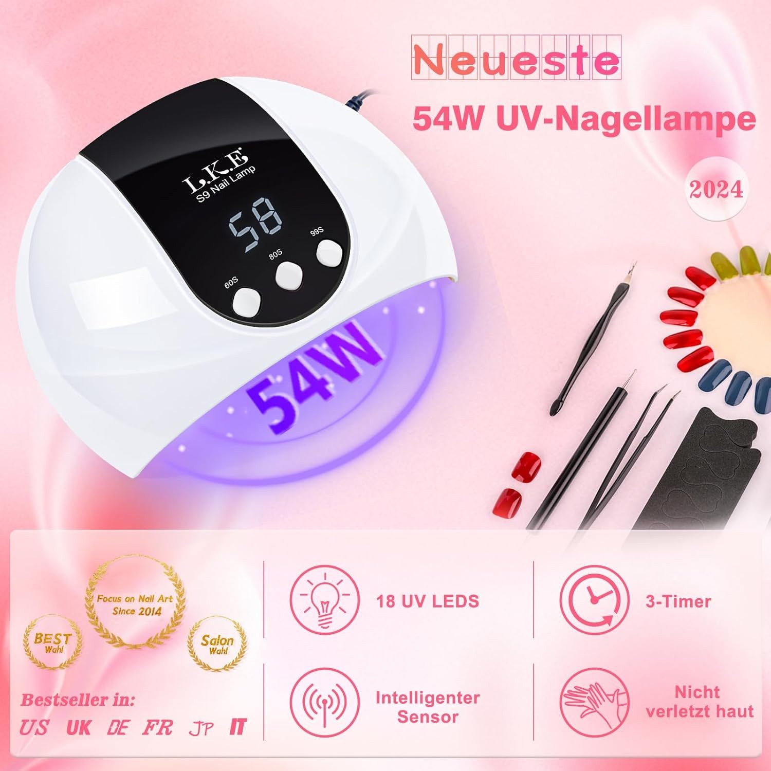 L.K.E Lichthärtungsgerät 54W LED/UV Nagellampe mit LCD-Display mit 3 Timer, Premium UV Lampe für Alle UV Gel Nagellack, Für Anfänger und Profis
