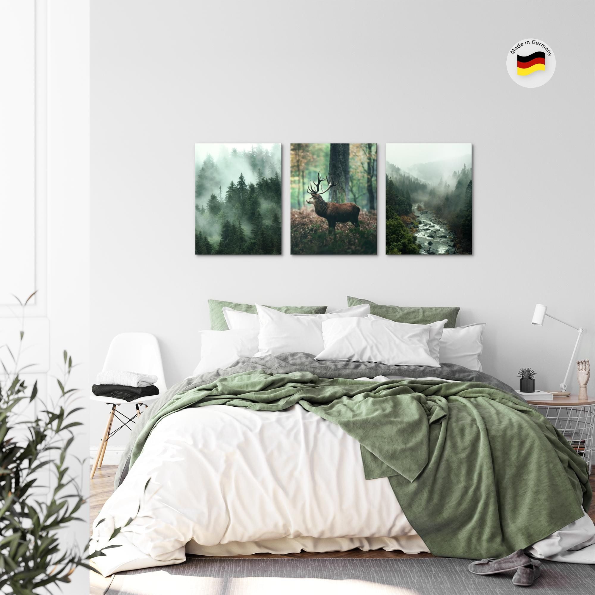 Novart Wandbild Wald Natur Bilder Set 3 Teilig Wohnzimmer Schlafzimmer Deko, Wald Hirsch – Bild 5 von 5