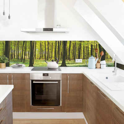 Bilderdepot24 Küchenrückwand grün dekor Bäume Wald Natur Wandpaneel Küche Waldwiese, (1-tlg., Nischenrückwand - für Fliesenspiegel ohne Bohren - matt), Spritzschutz Rückwand Küche Herd - Folie selbstklebend versch. Größen