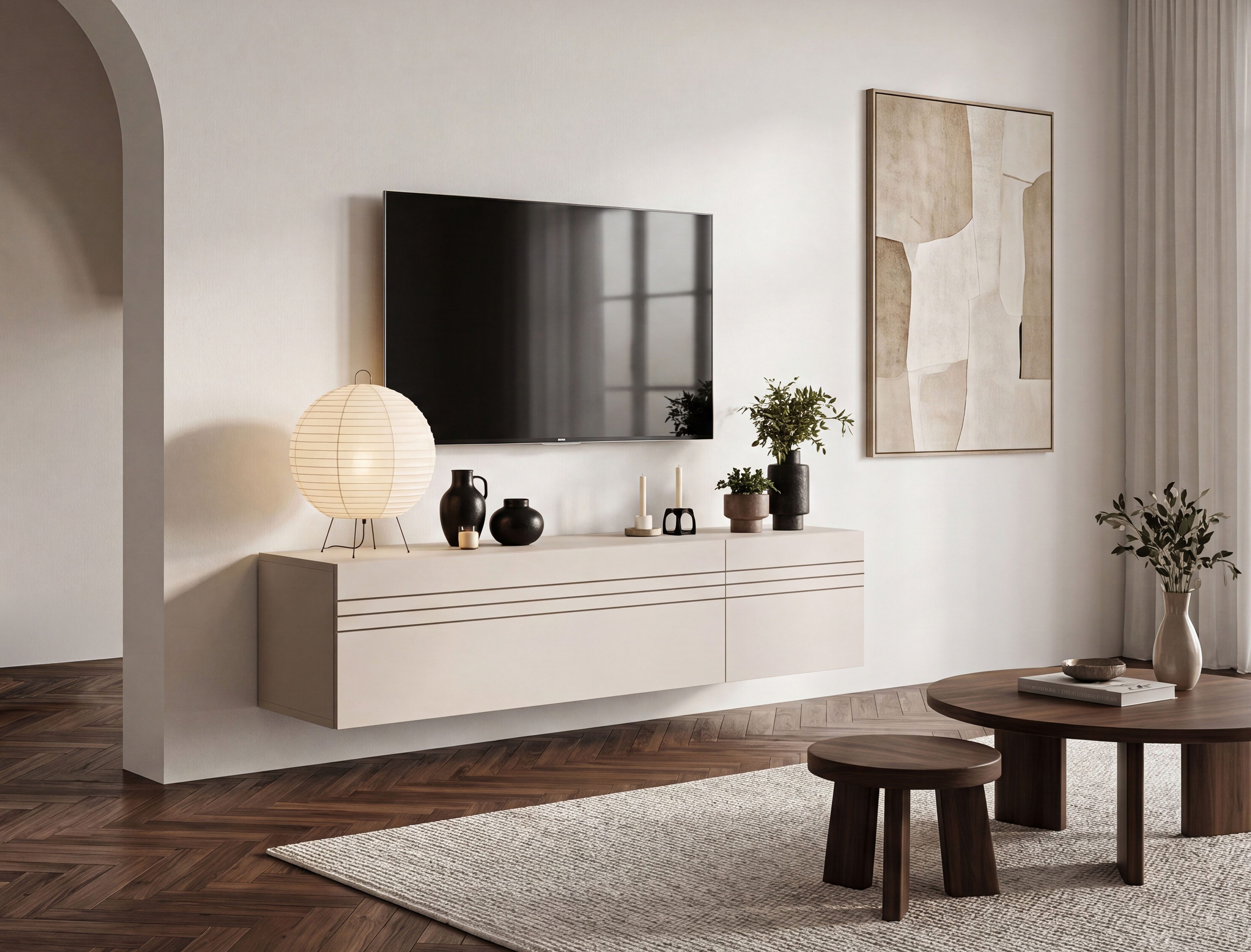 OTTO home Lowboard SPIAGGIA, 2-teiliges Set, Breite 135cm, stehend & hängend montierbar (Grifflose Fronten mit Gasdruckfeder, Fronten mit horizontaler Fräsung), TV-Möbel, TV-Schrank, TV-Lowboard, Mediaboard