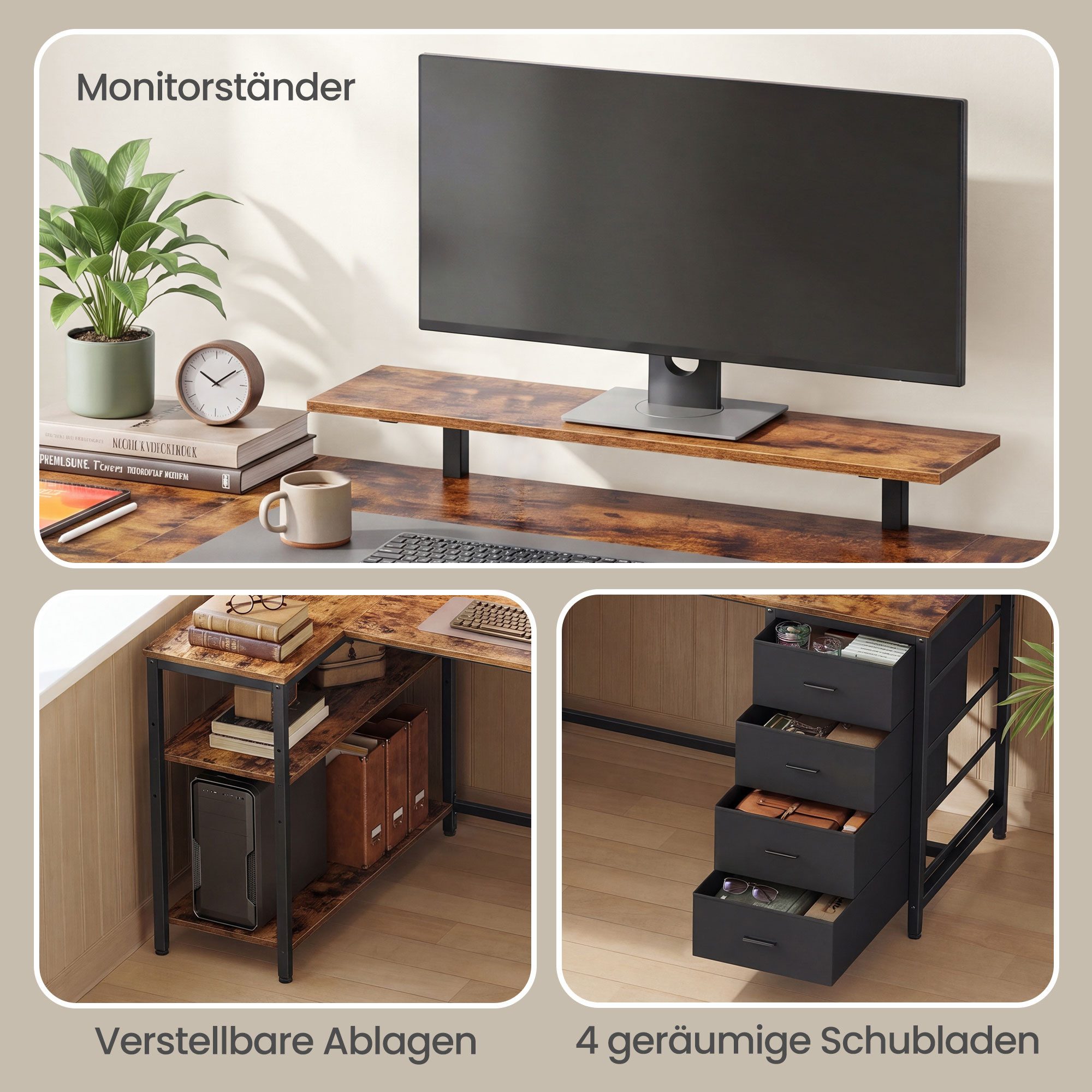 VASAGLE Schreibtisch L-förmiger Eckschreibtisch mit Steckdosen, Computertisch, Gaming-Tisch, verstellbare Ablagen, 4 Schubladen, 2 USB-Anschlüsse, 140 x 80 cm – Bild 5 von 5