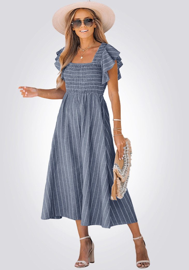 Cupshe A-Linien-Kleid Gestreiftes Midikleid mit Quadratausschnitt, Rüschenärmeln und Schlitz
