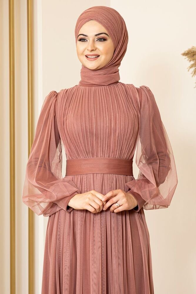 Coral Damenkleid Abaya Abiye Abendkleid Hijab Langärmliges Modavitrini Kleid Tüllkleid Maxikleid