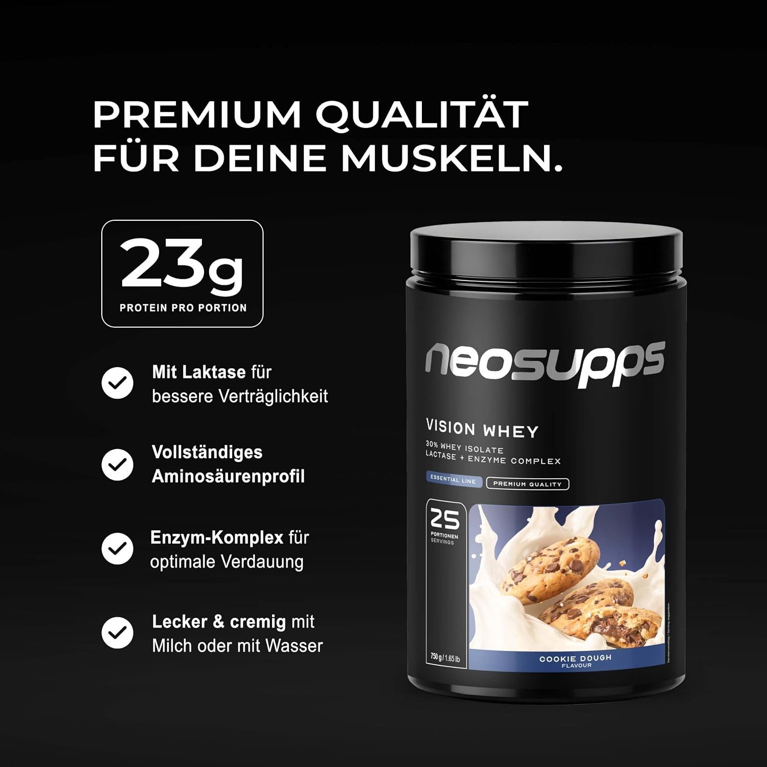 Neosupps Whey Protein Pulver Cookie Dough 750g, Proteinpulver, Proteinshake Pulver, 750 g, Protein zum Muskelaufbau mit geprüfter Qualität, Made in Germany – Bild 2 von 5