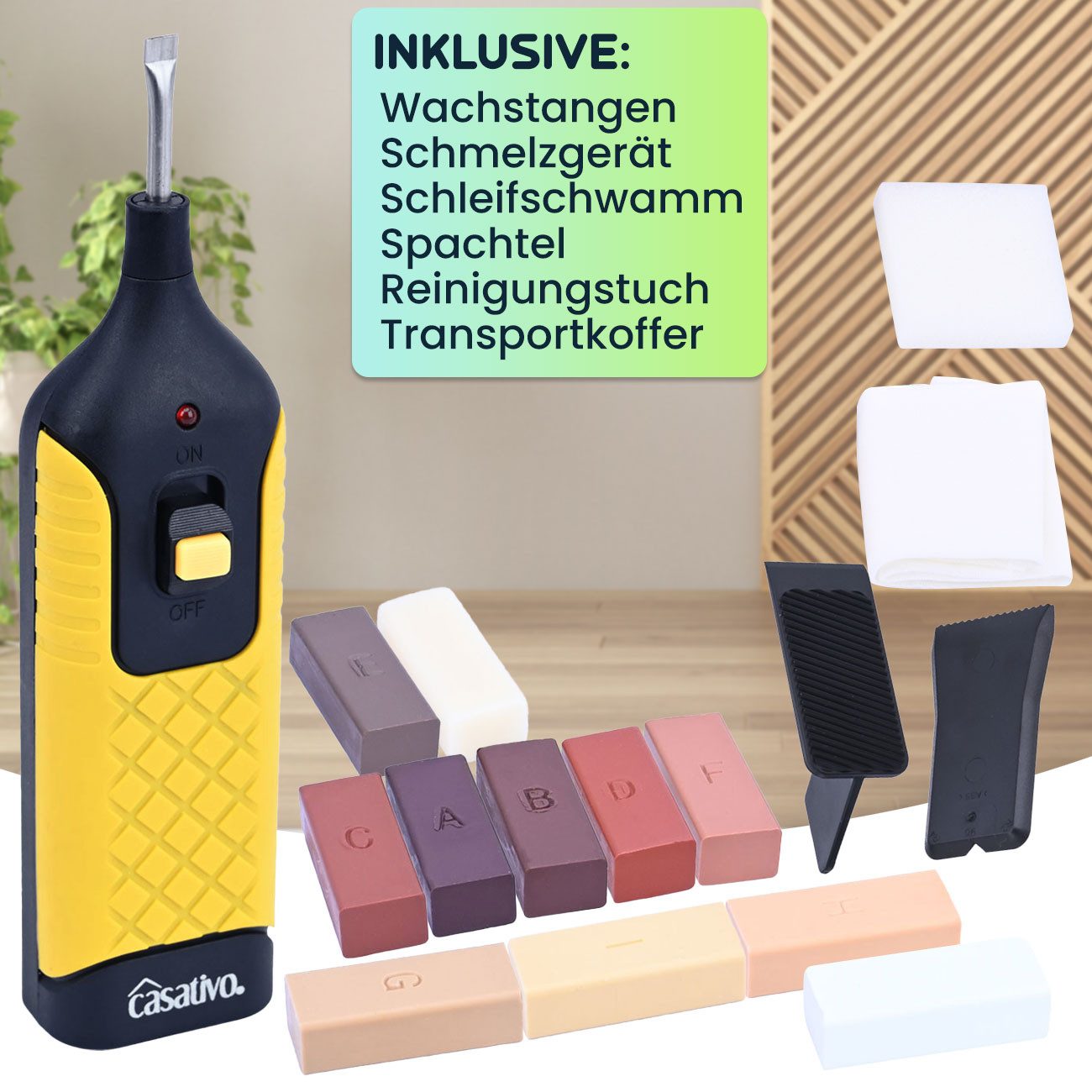 Casativo Boden-Reparaturset Bewährtes Reparaturkit für Holz-, Laminat- Kork- und Parkettböden, 11 verschiedene Farben, auch bei Holzmöbeln einsetzbar