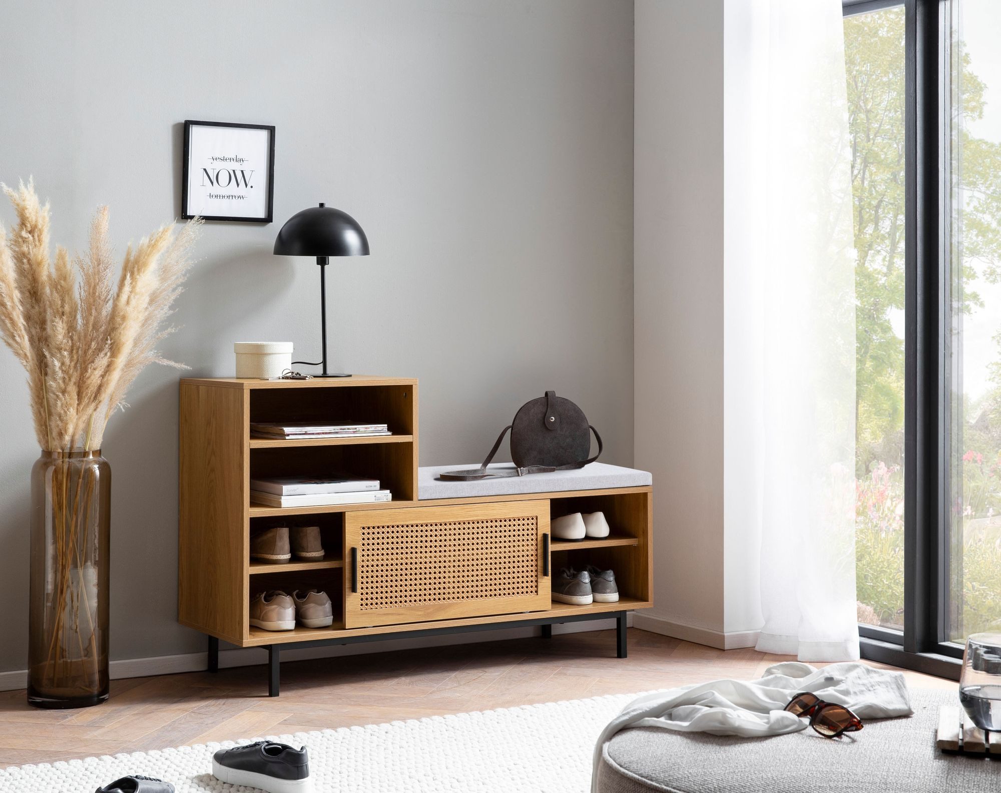 furnicato Schuhschrank Garderobenbank mit Wiener Geflecht 120x75,5x40 cm Eiche Grau Höhenverstellbare Regalfächer Sitzbank mit praktischer Schiebetür